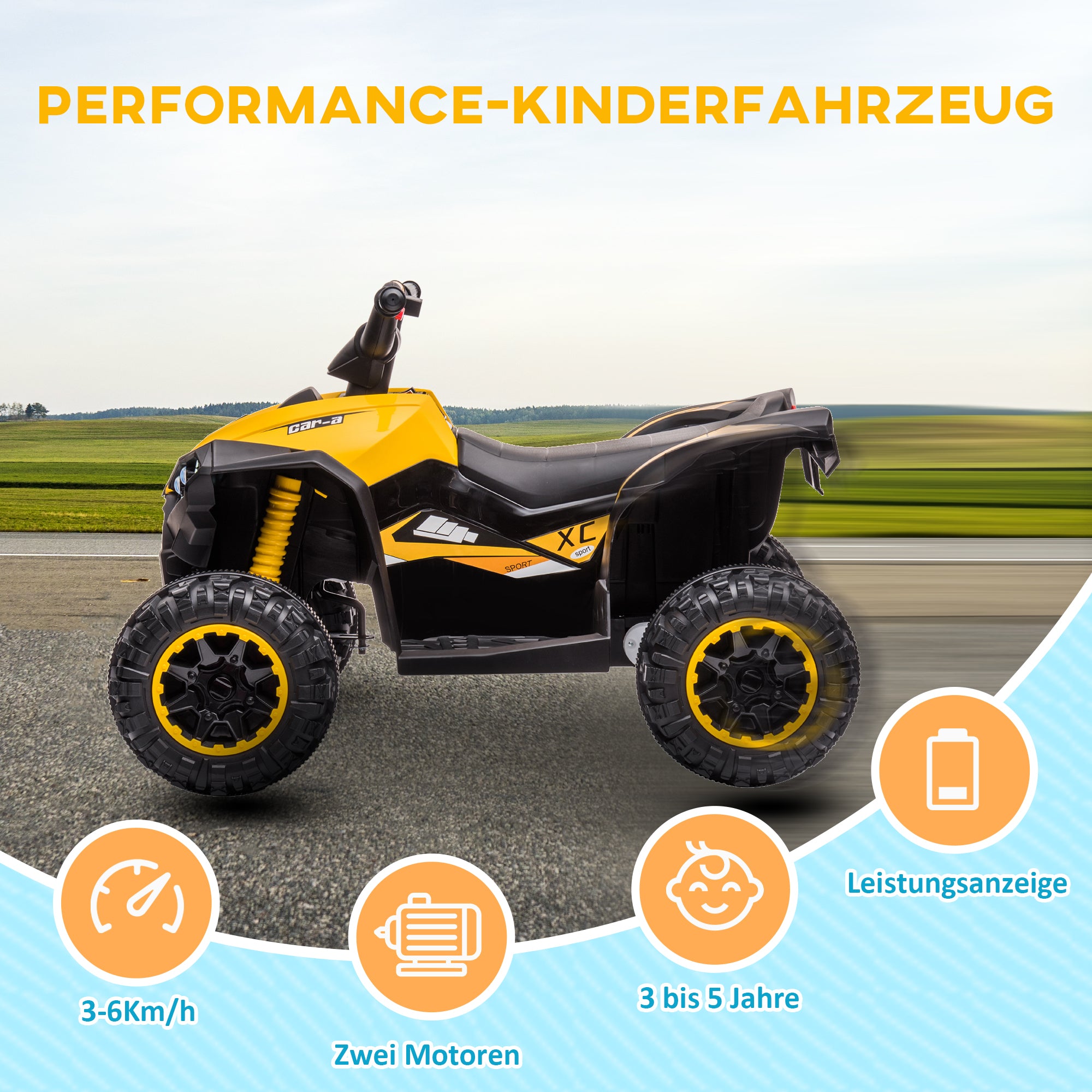 HOMCOM Elektro-Kinderquad, LED-Scheinwerfer, MP3-Player, Stoßdämpfer, ergonomischer Sitz, Gelb+Schwarz