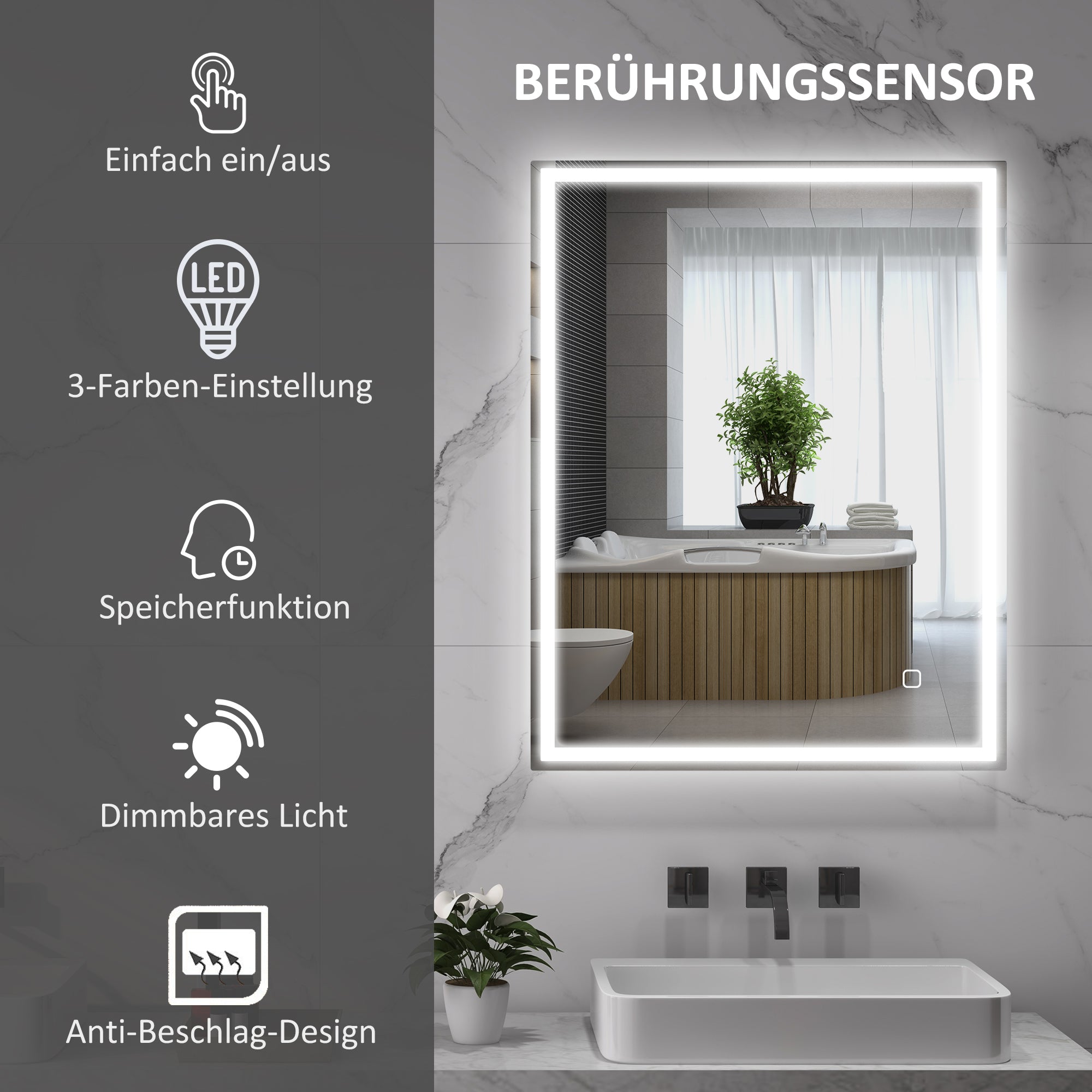 HOMCOM Badspiegel mit Beleuchtung 90x70 cm LED Spiegel Wandspiegel mit Memory-Funktion 3 Lichtfarben Silber