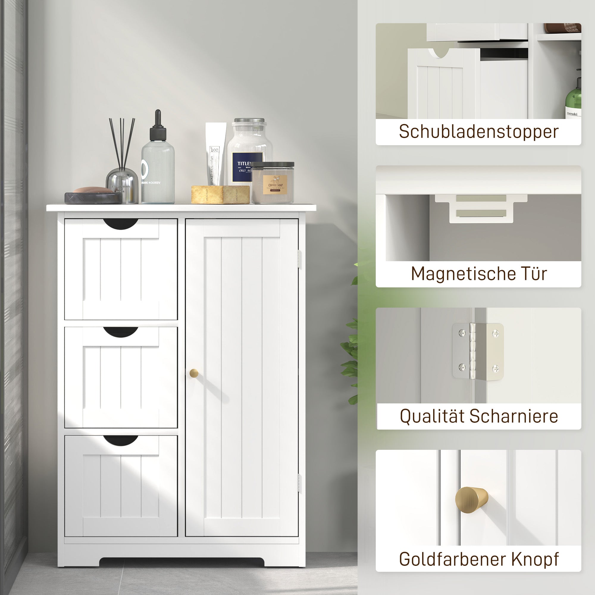 HOMCOM Badezimmerschrank, Badkommode, 3 Schubladen, Regal, MDF, Weiß