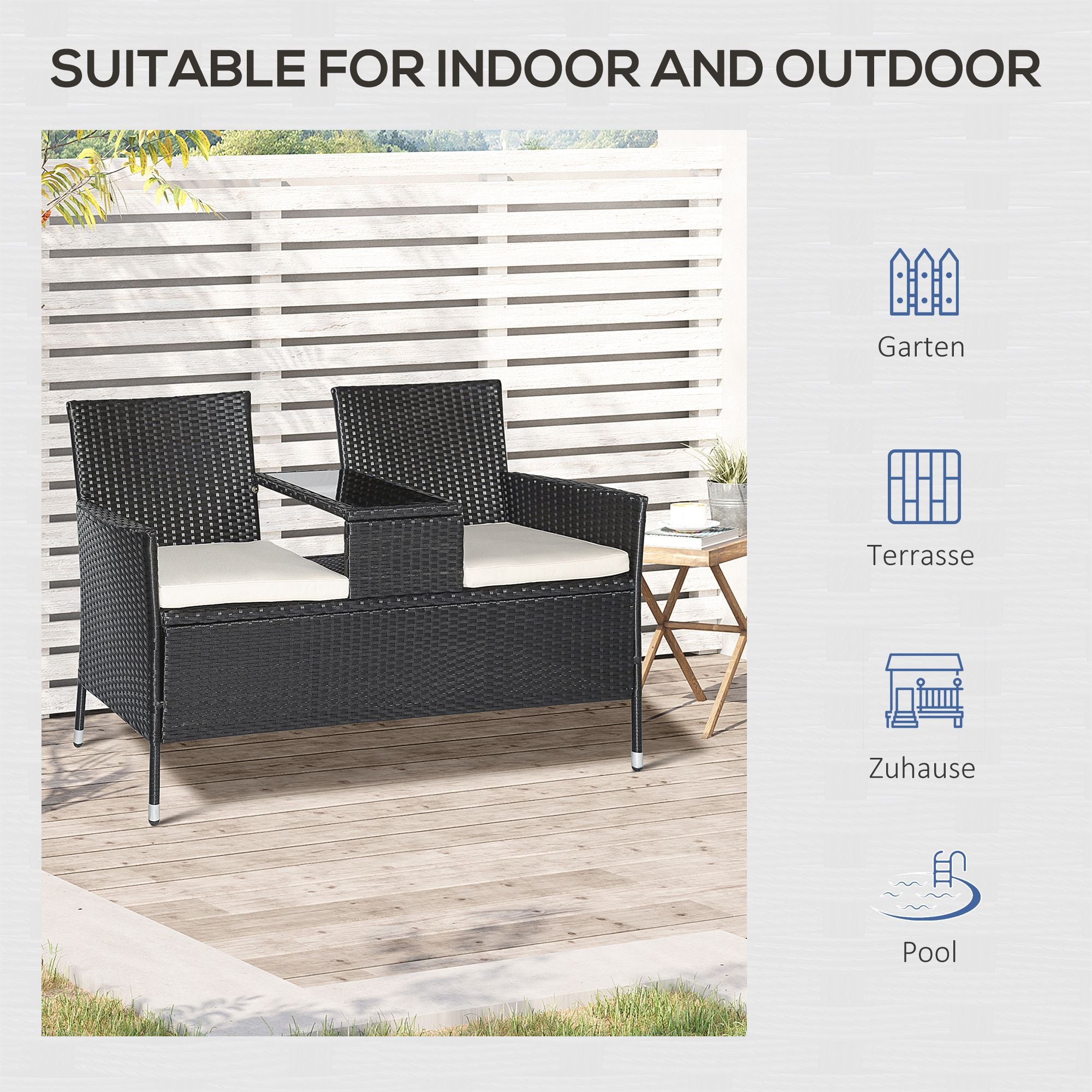 Outsunny Gartenbank Polyrattan 2-Sitzer UV-beständig Sitzbank mit Tisch Kissen Rückenlehne Gartenmöbel Parkbank bis 240kg belastbar Balkonbank für Garten Terrasse Balkon 133x63x84cm, Schwarz