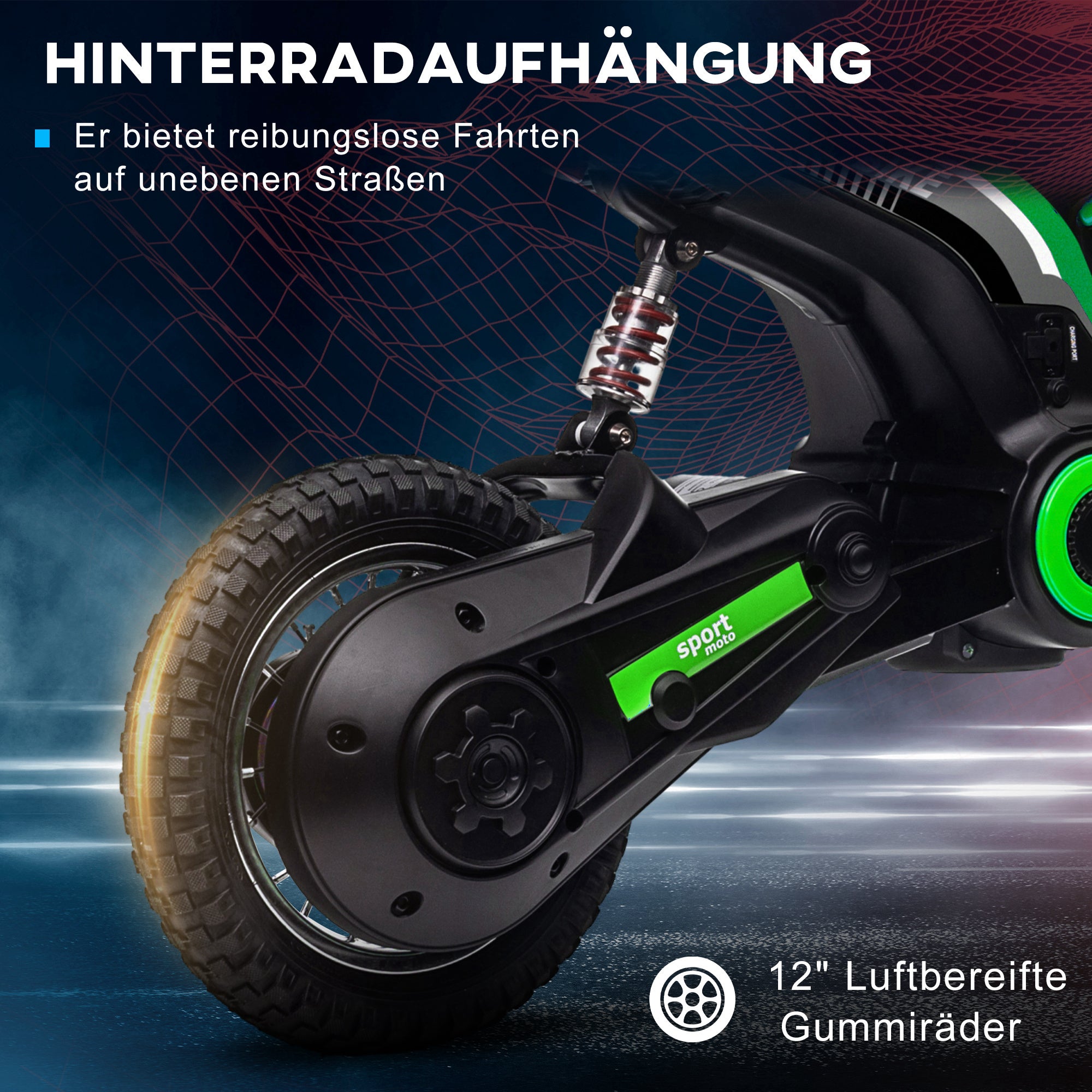 HOMCOM Elektro-Kindermotorrad, 24V Motor, einstellbare Geschwindigkeit, Musik & Lichter, Grün