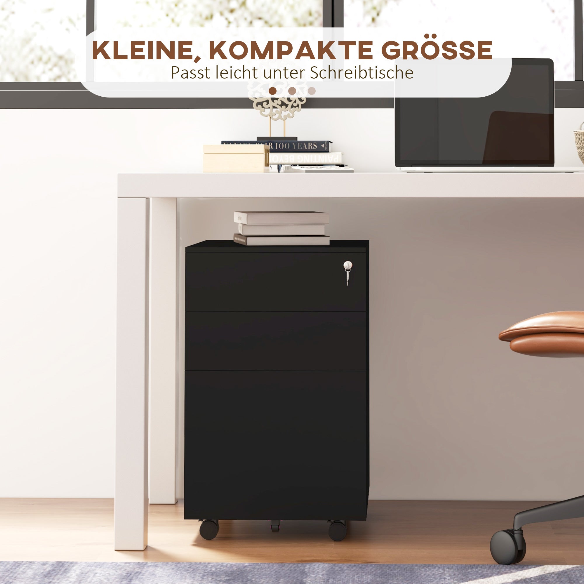 Vinsetto Rollcontainer Aktenschrank, 3 Schubladen, abschließbar, rollbar, 37 cm x 43,5 cm x 60 cm, Schwarz