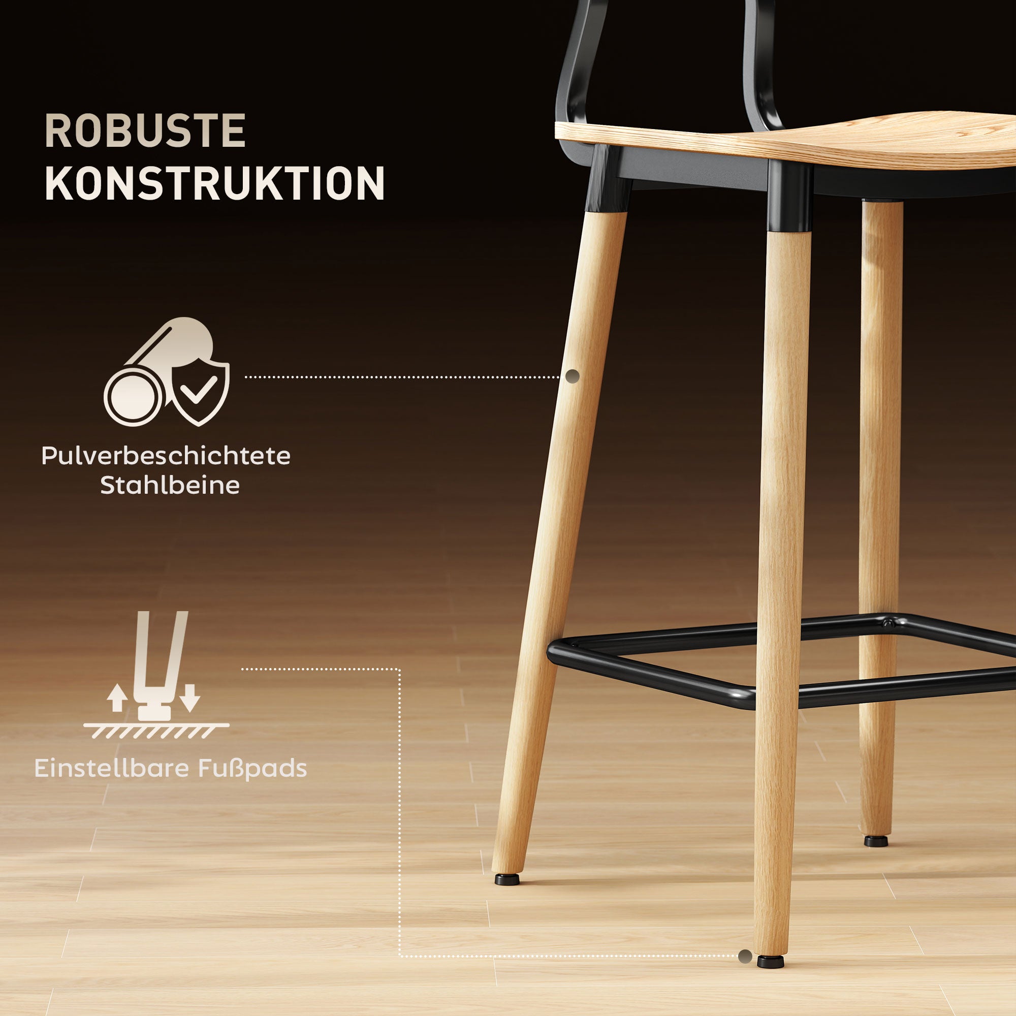 HOMCOM 2er-Set Barhocker mit Rückenlehne, Barstühle für Hausbar, Kücheninsel, Esszimmer, Holz, Metall, Hellbraun