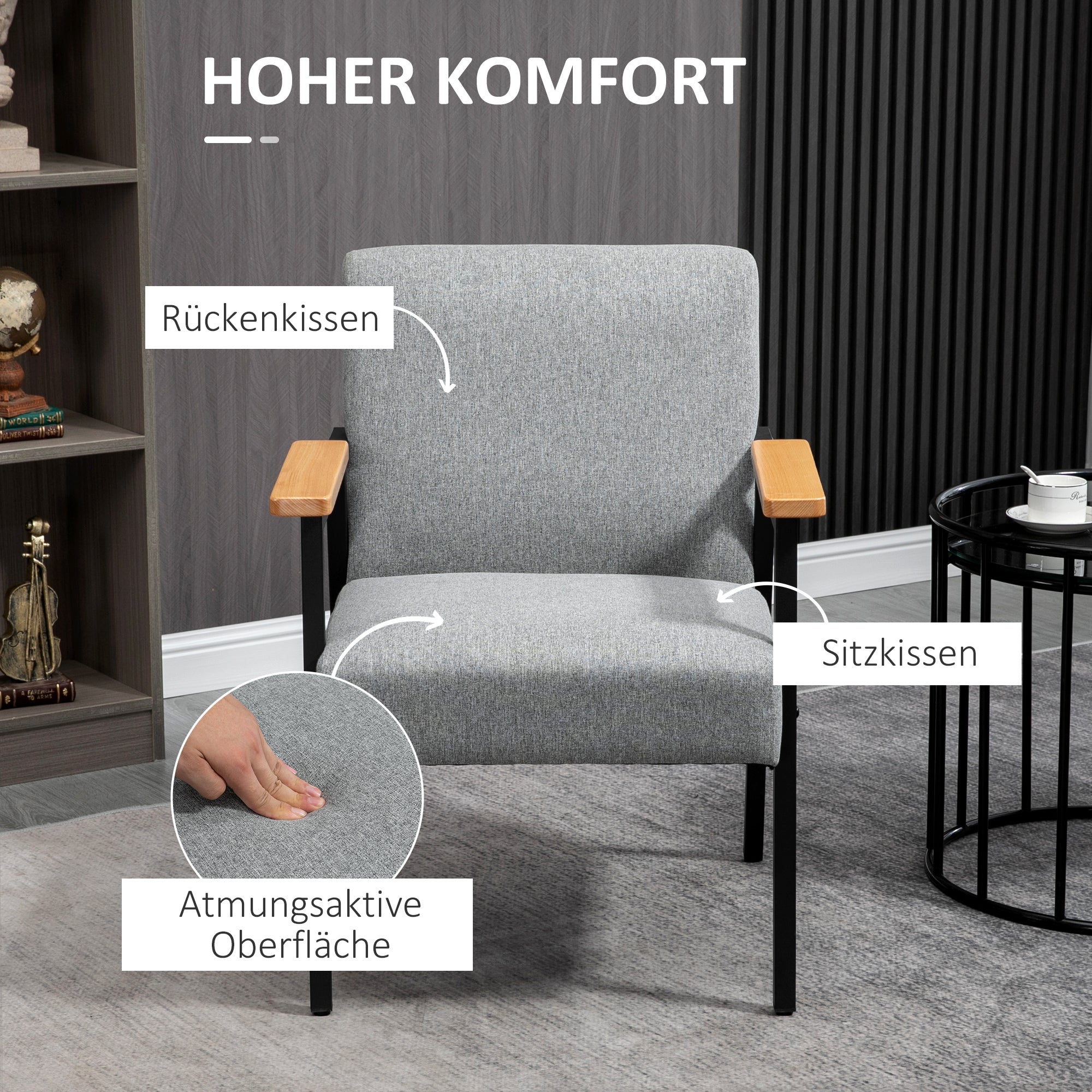 HOMCOM Akzentsessel im Skandidesign, Ruhesessel ,Akzentstuhl, Leinenoptik, Kautschukholz, Grau + Schwarz + Braun