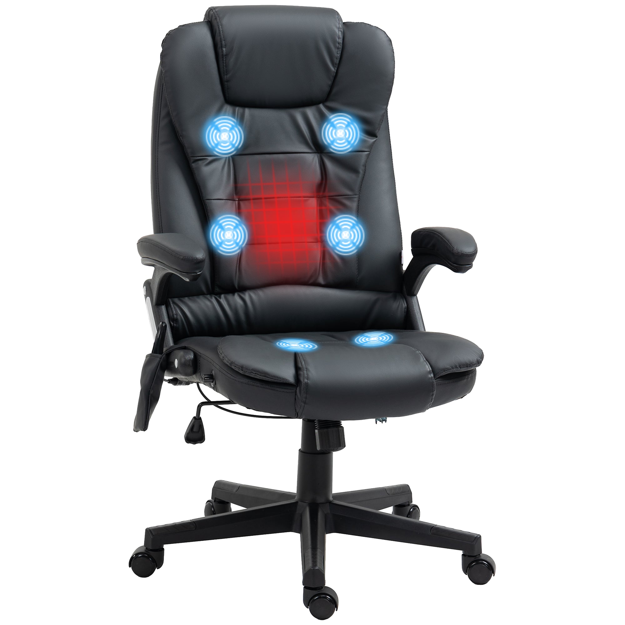 HOMCOM Massagesessel Bürostuhl, Chefsessel mit 6-Punkt-Vibrationsmassage und Wärmefunktion, drehbar Gaming-Stuhl, Kunstleder, 70 x 70 x 111–121 cm, Schwarz