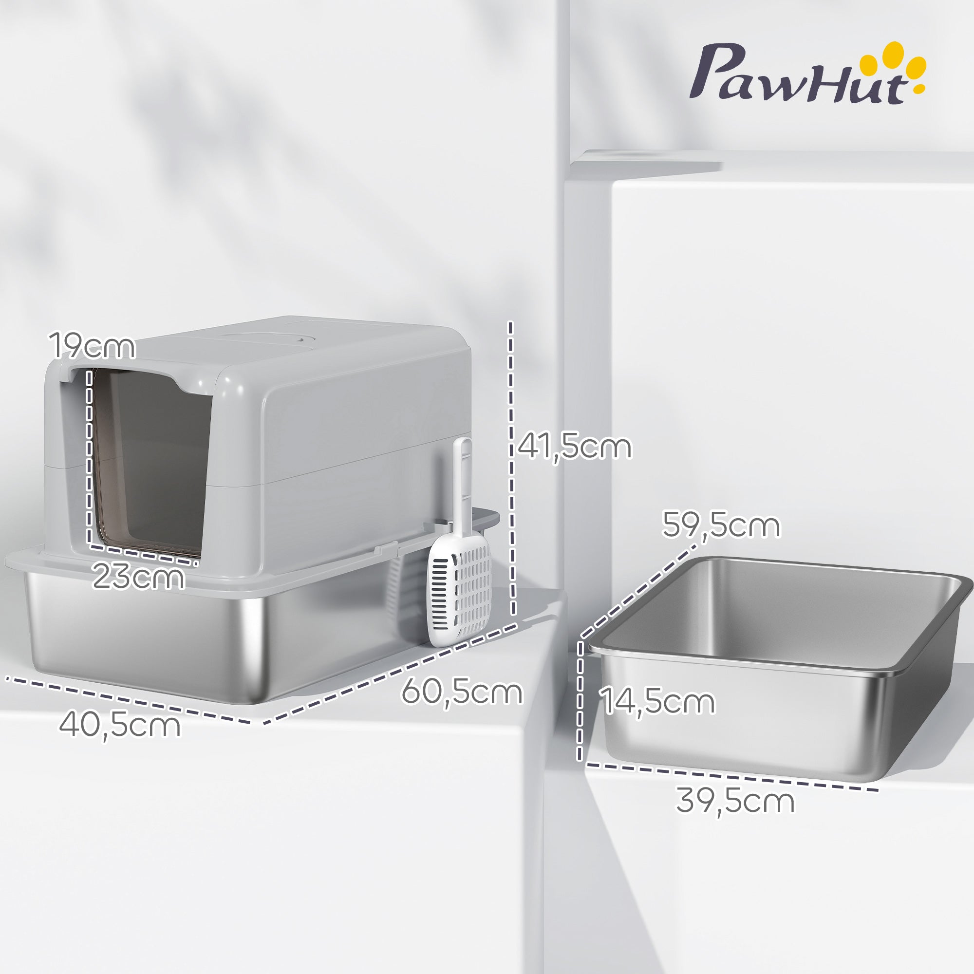 PawHut Katzentoilette, Wanne aus Edelstahl, Filter, Schaufel, für Katzen bis 6 kg, 40,5 x 60,5 x 41,5 cm, Grau/Silber