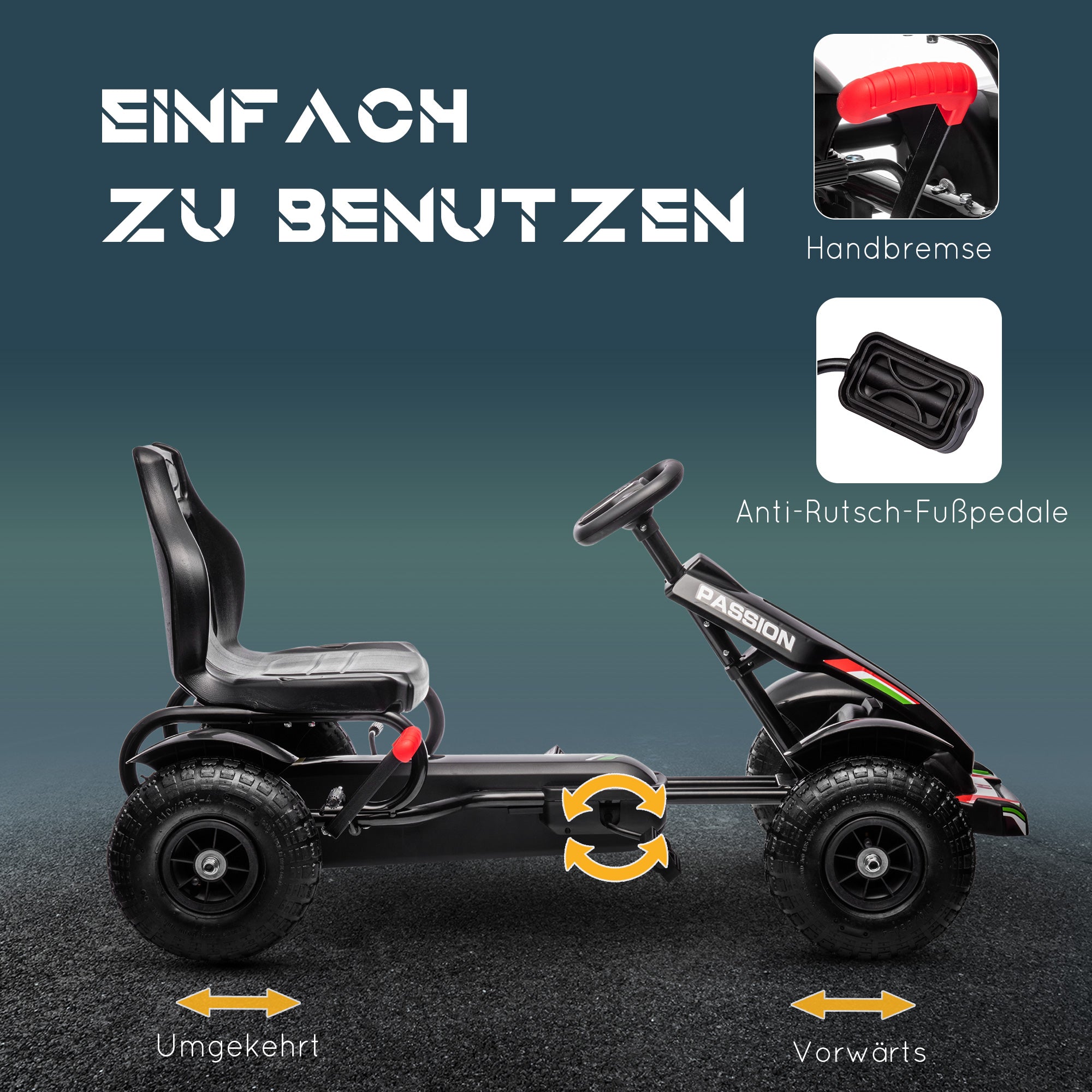 HOMCOM Kinder-Gokart, verstellbarer Sitz, Handbremse, ab 5 Jahren, 121 x 58 x 61 cm, Schwarz
