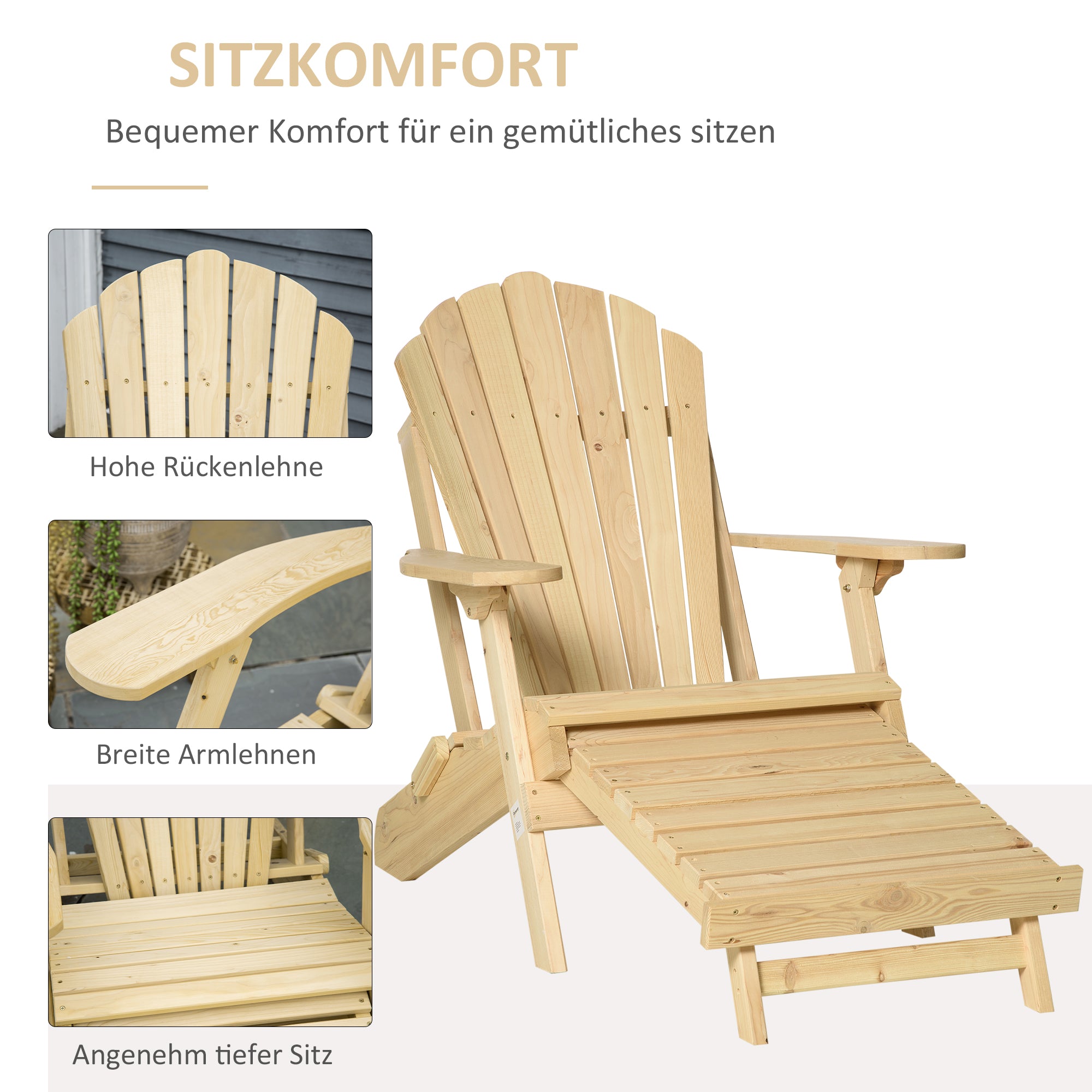 Outsunny Adirondack Stuhl Klappbar Adirondack Chair aus Holz Outdoor Gartenstuhl mit Fußstütze Hoher Rücken- und Armlehnen Balkonstuhl Gartensessel für Garten, Balkon 78 x 140 x 94cm Natur