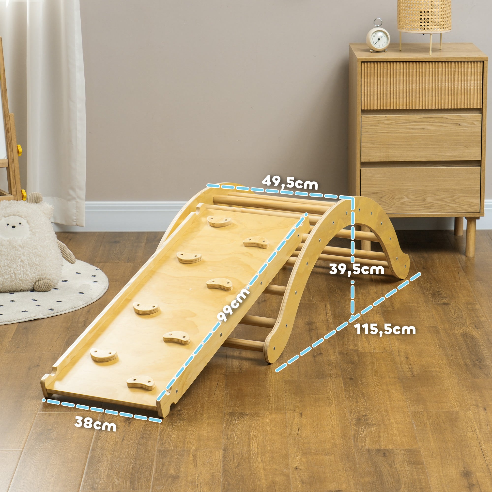 AIYAPLAY Kinder-Kletterset, 4-in-1-Design mit Bogenbrücke, Schaukelwippe, Kissen, Rutschrampe, für den Innenbereich, Holz