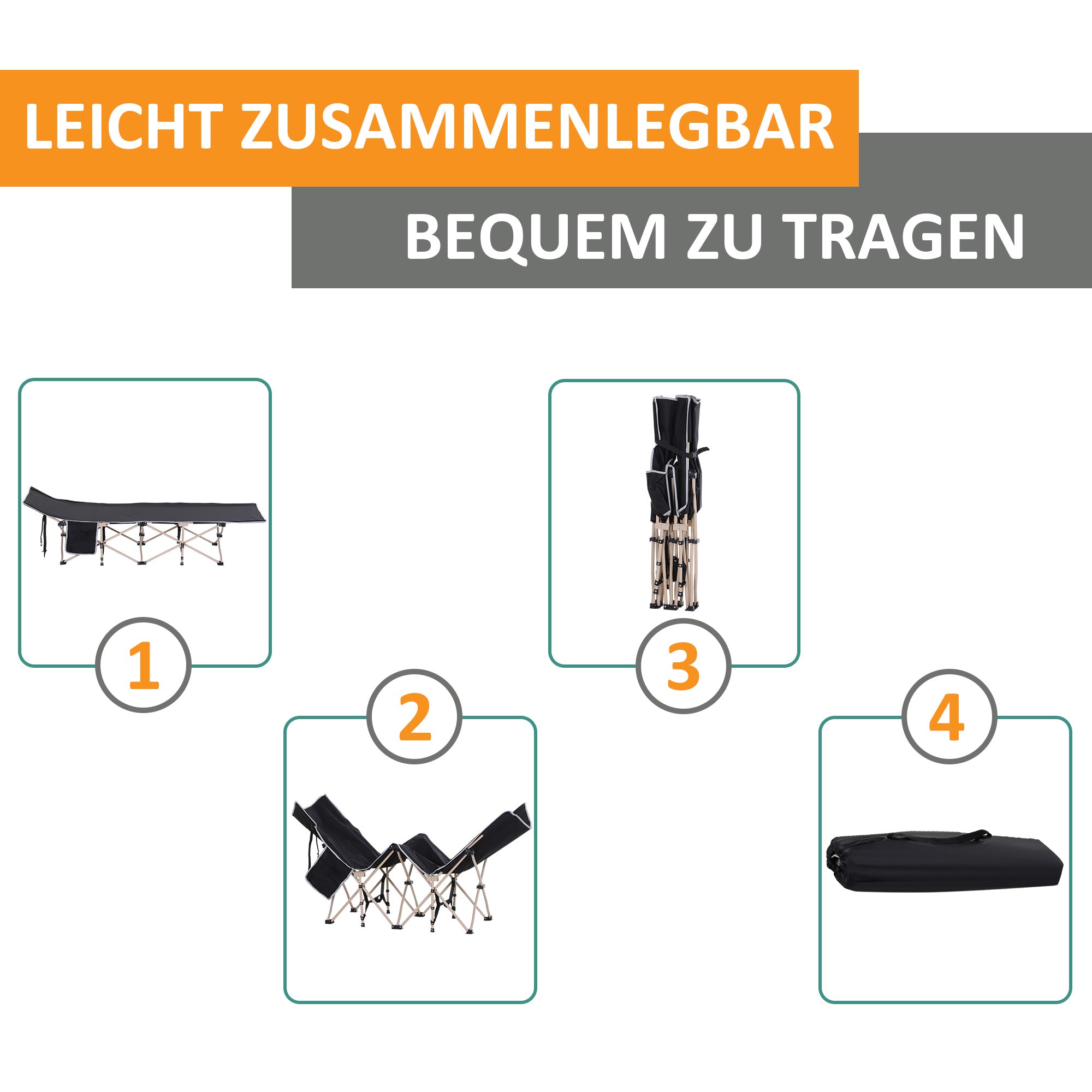 Outsunny Feldbett, Campingbett, klappbar, wetterbeständig, ink. Tragetasche, 190 x 68 x 52 cm, Schwarz