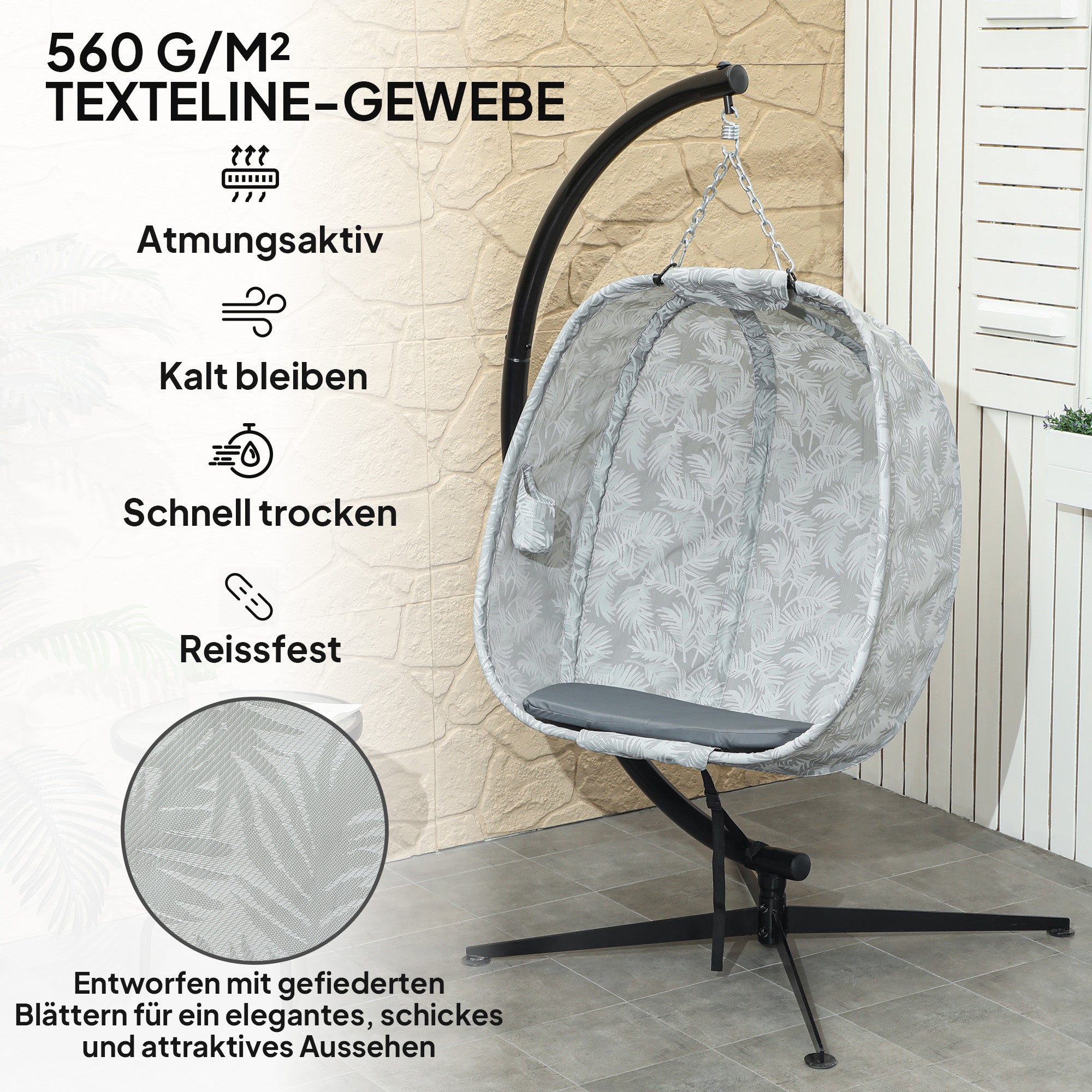Outsunny Eiförmiger Hängesessel für den Außenbereich, Hängeschaukel mit Gestell, Sitzpolstern Indoor Outdoor