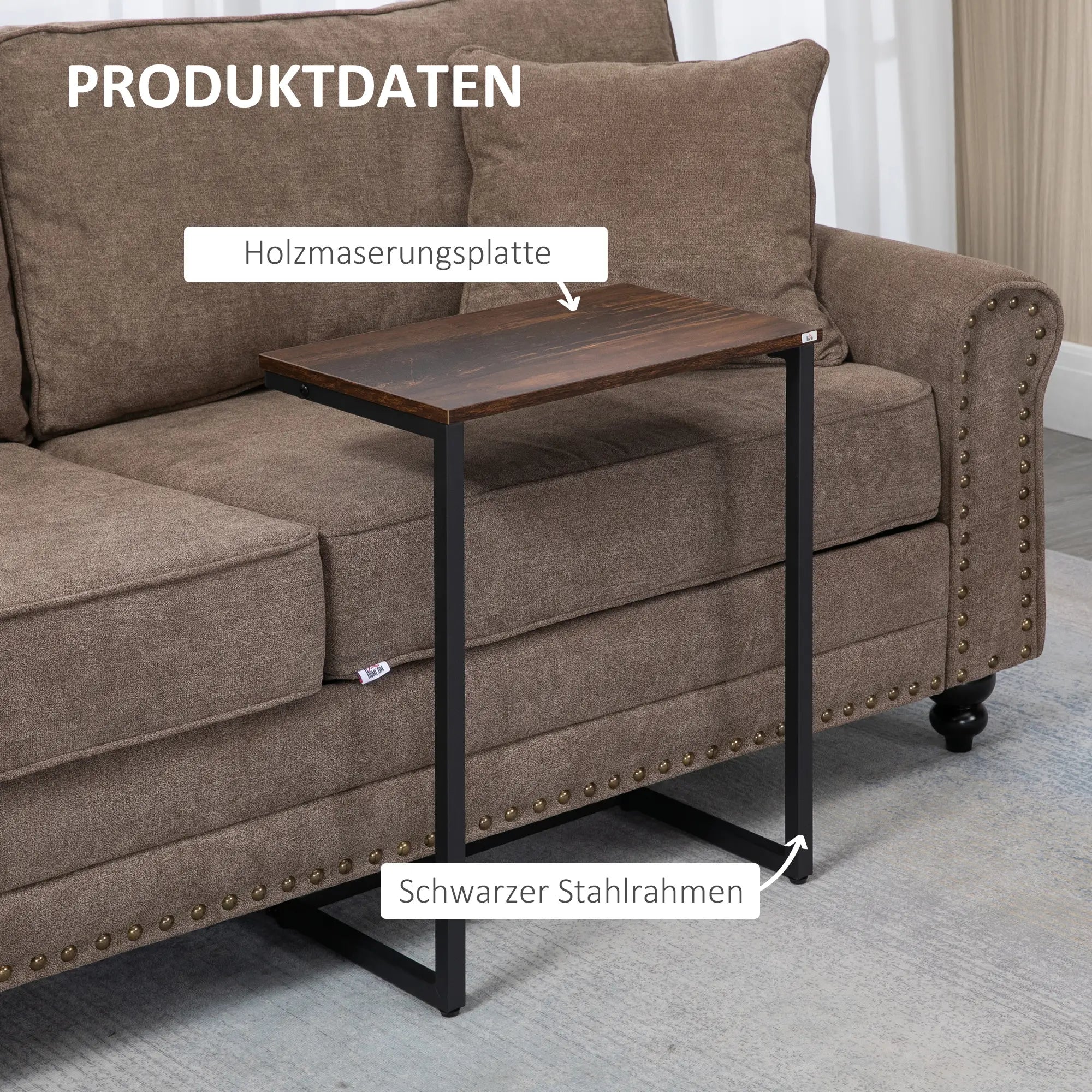 HOMCOM Satztisch, Beistelltisch, 3er-Set, Industrial Design, Stahlrahmen, braun+schwarz, 45 x 30 x 60cm