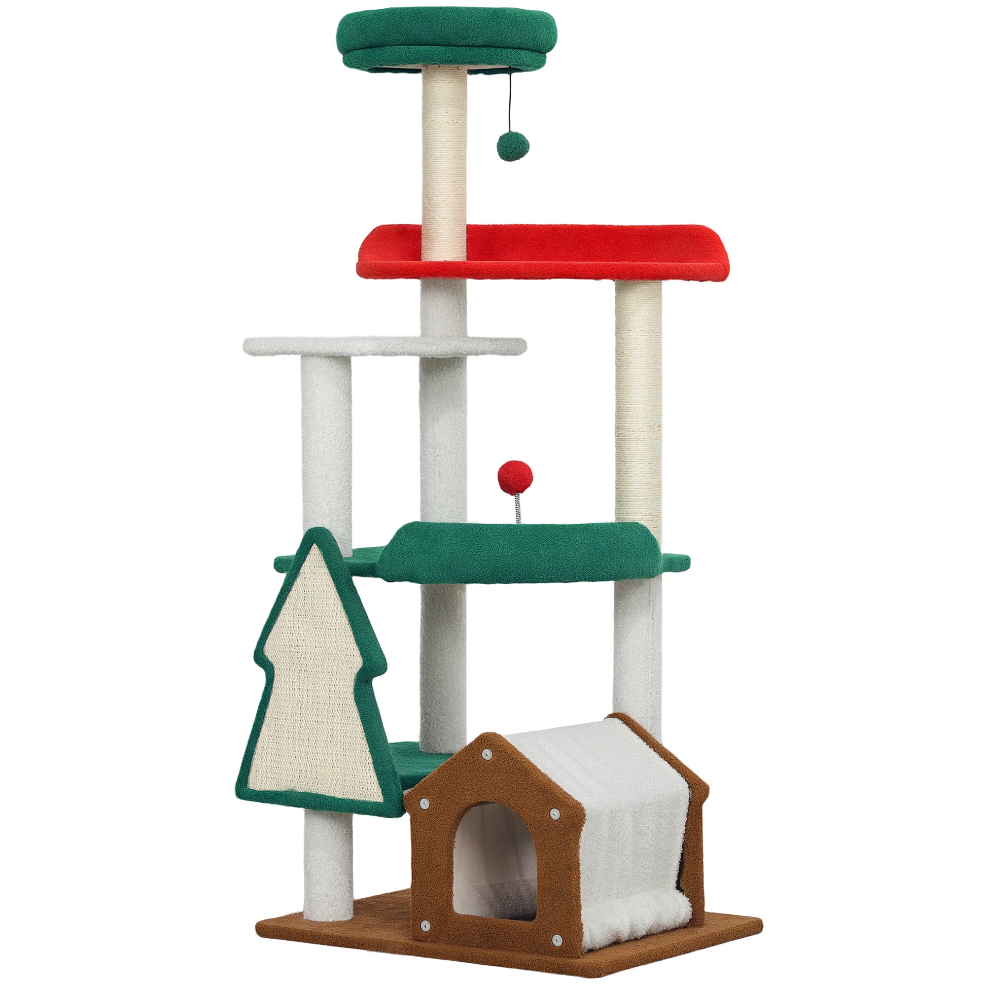 PawHut 135 cm Katzenkratzbaum in Weihnachtsfarben mit Katzenbett, Katzenhaus, Kratzpfosten, Sprungplattformen, Spielzeugbällen