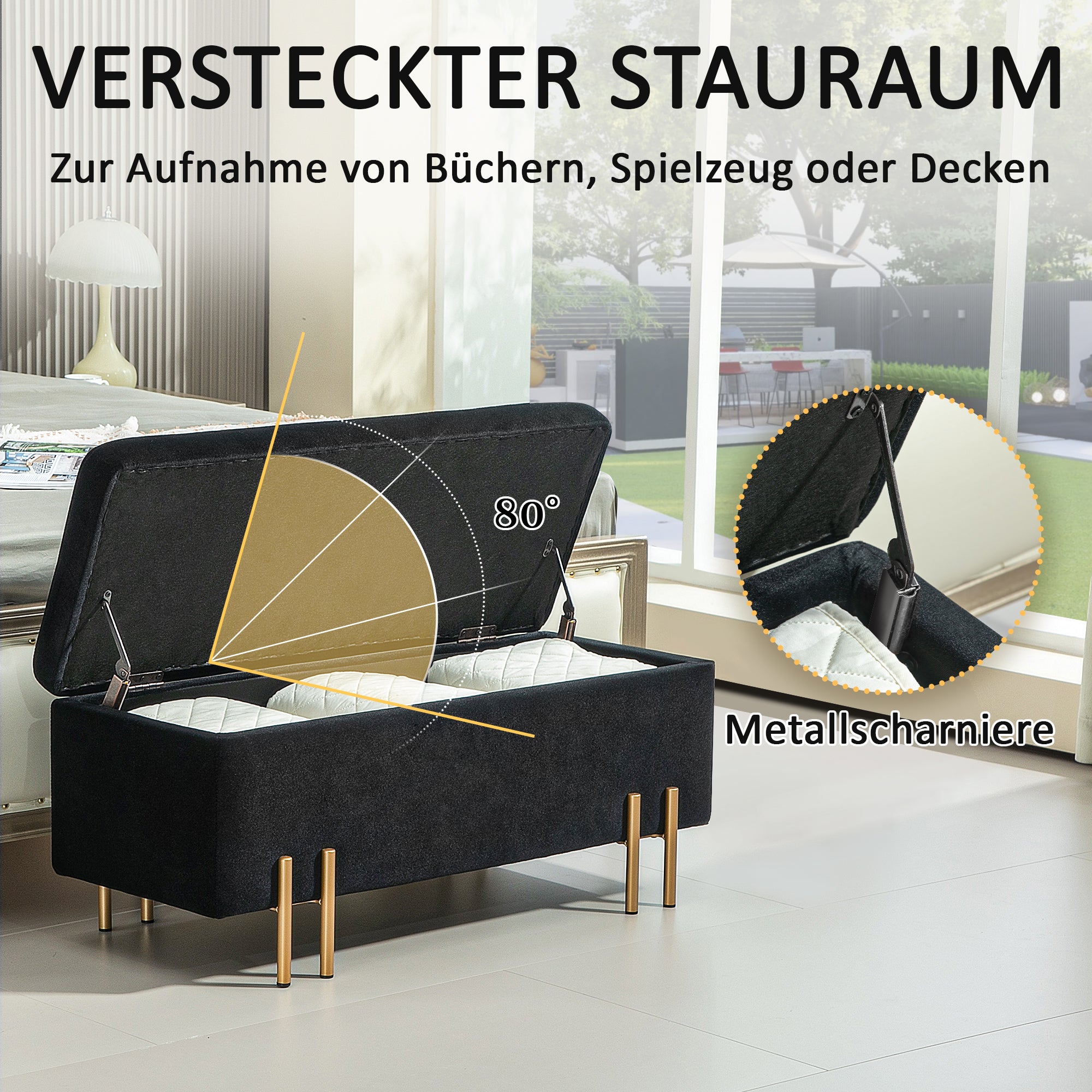 HOMCOM Sitzbank, Polsterbank mit Stauraum, Metall, Kautschukholz, Schaumstoff, 100 x 40 x 42 cm, Schwarz