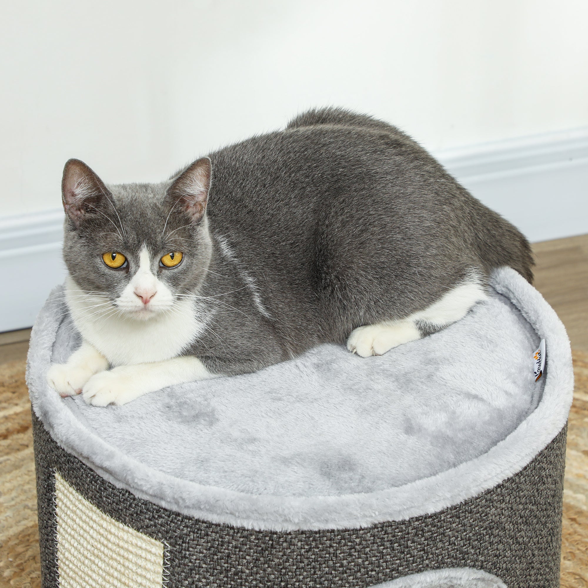 PawHut Katzenhöhle, 2 Etagen, Katzenhaus, Plüsch, Kissen, Sisal-Kratzbrett, Φ40 x 30H cm, Dunkelgrau