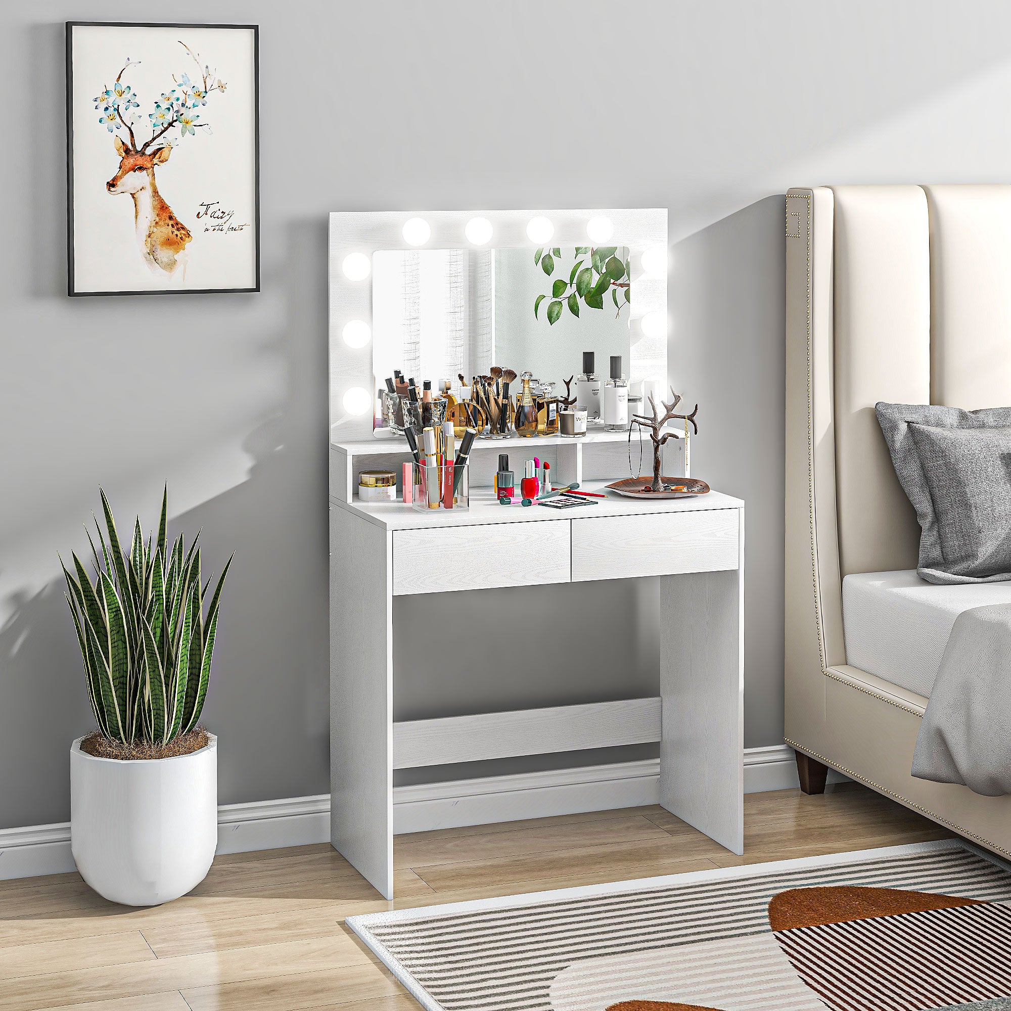 HOMCOM Frisiertisch mit beleuchtetem Spiegel, Schubladen, 3 Lichtoptionen, 10 Glühbirnen, moderner Schminktisch in Weiß