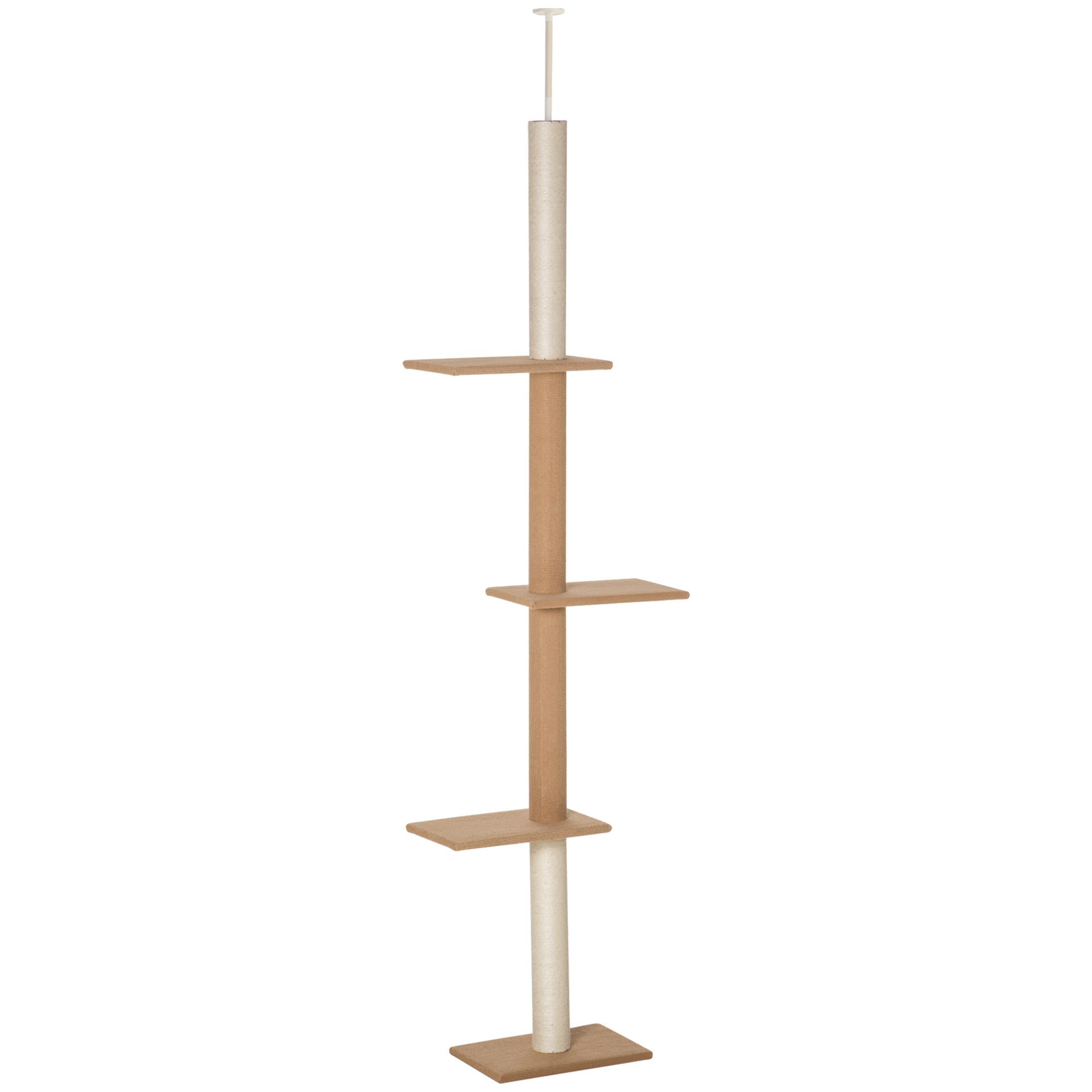 PawHut Kratzbaum Deckenhoch, 228-260 cm Höhenverstellbarer Katzenbaum Kletterbaum für Katzen mit 3 Ebenen, Katzenkratzbaum, Spielbaum vom Boden bis zur Decke Khaki