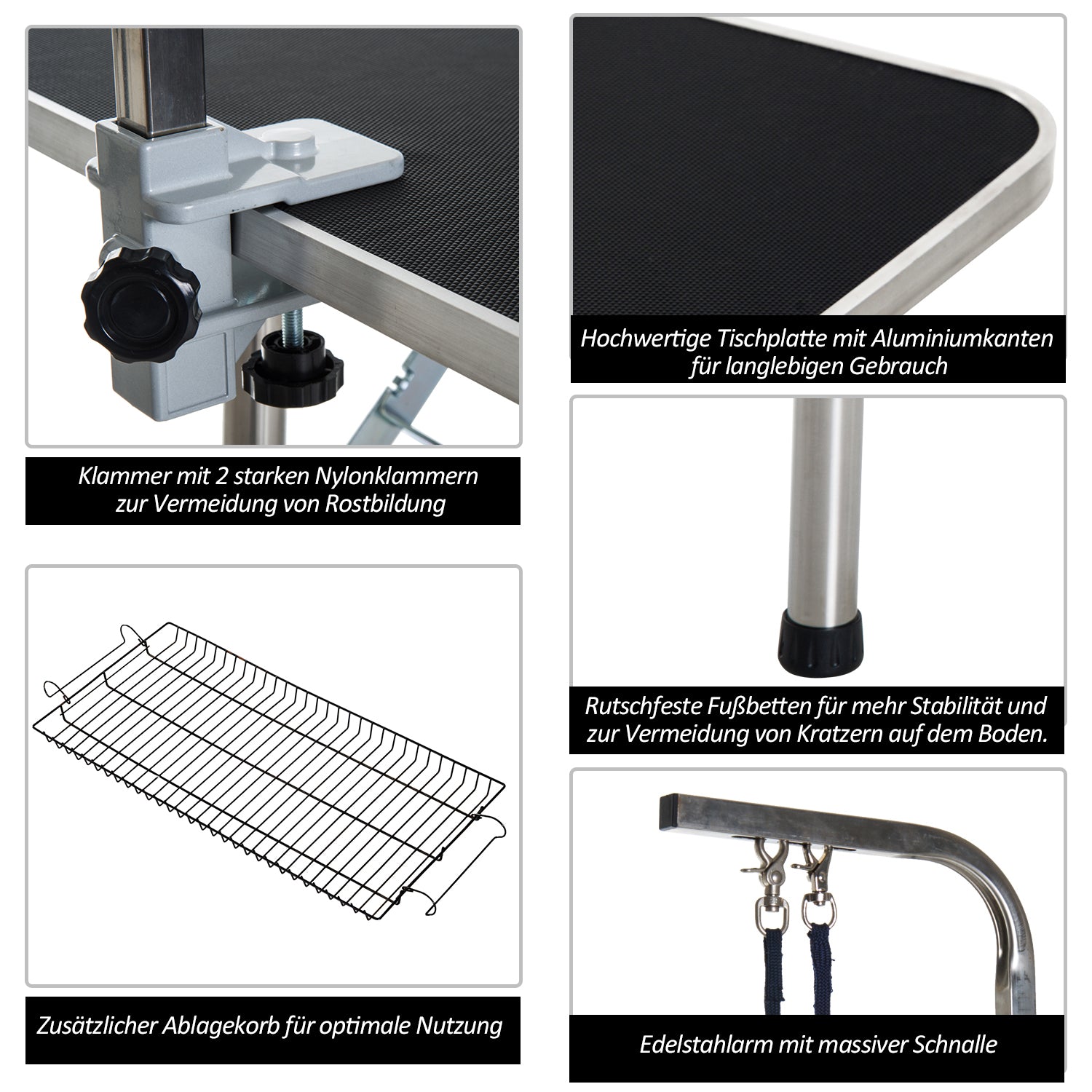 PawHut Trimmtisch Tierpflegetisch Schertisch mit Korb Hundepflegetisch klappbar Hundefriseurtisch Hunde Badetisch höhenverstellbar Edelstahl Schwarz