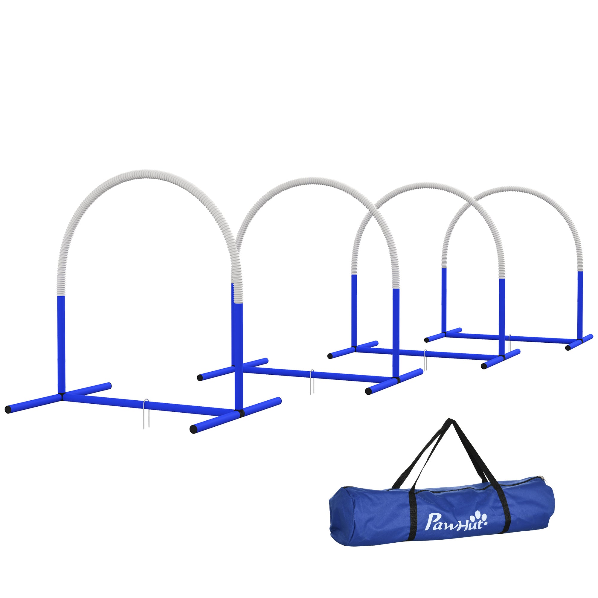 PawHut Agility-Set für Hunde, Hundetraining, 4 Bögen, für Einsteiger, mit Tragetasche, blau+weiß, 88 x 64 x 95cm