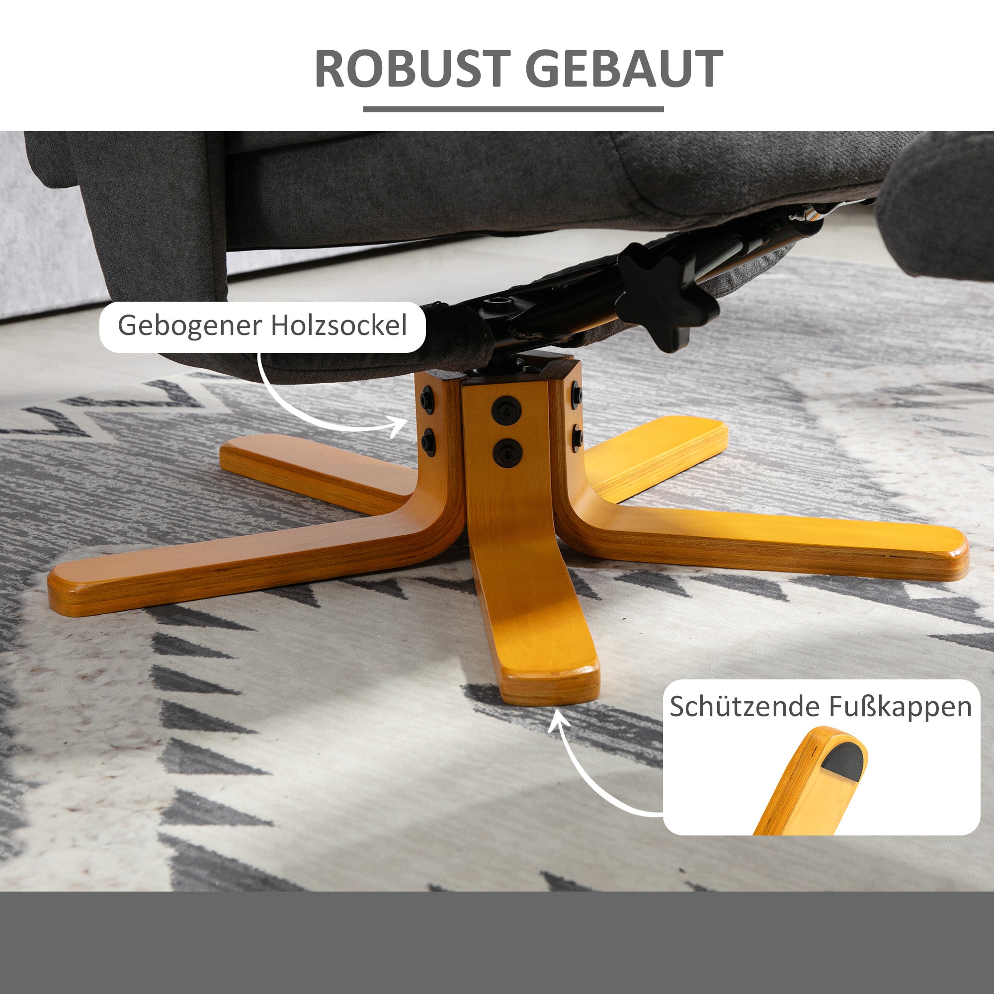 HOMCOM Verstellbarer Sessel mit Fußhocker mit hoher Lehne und Holzrahmen für Wohnzimmer, Schlafzimmer, Dunkelgrau