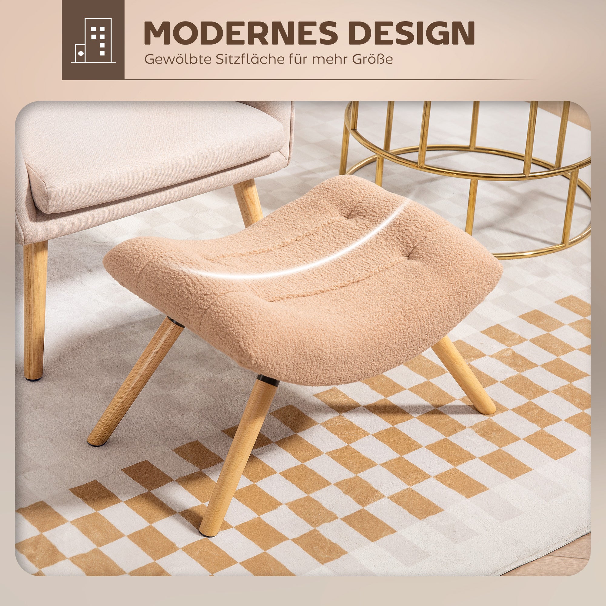 HOMCOM Moderner Fußhocker mit Fleece-Bezug und Holzbeinen, gepolstert, für Wohnzimmer, Schlafzimmer, Flur, Braun