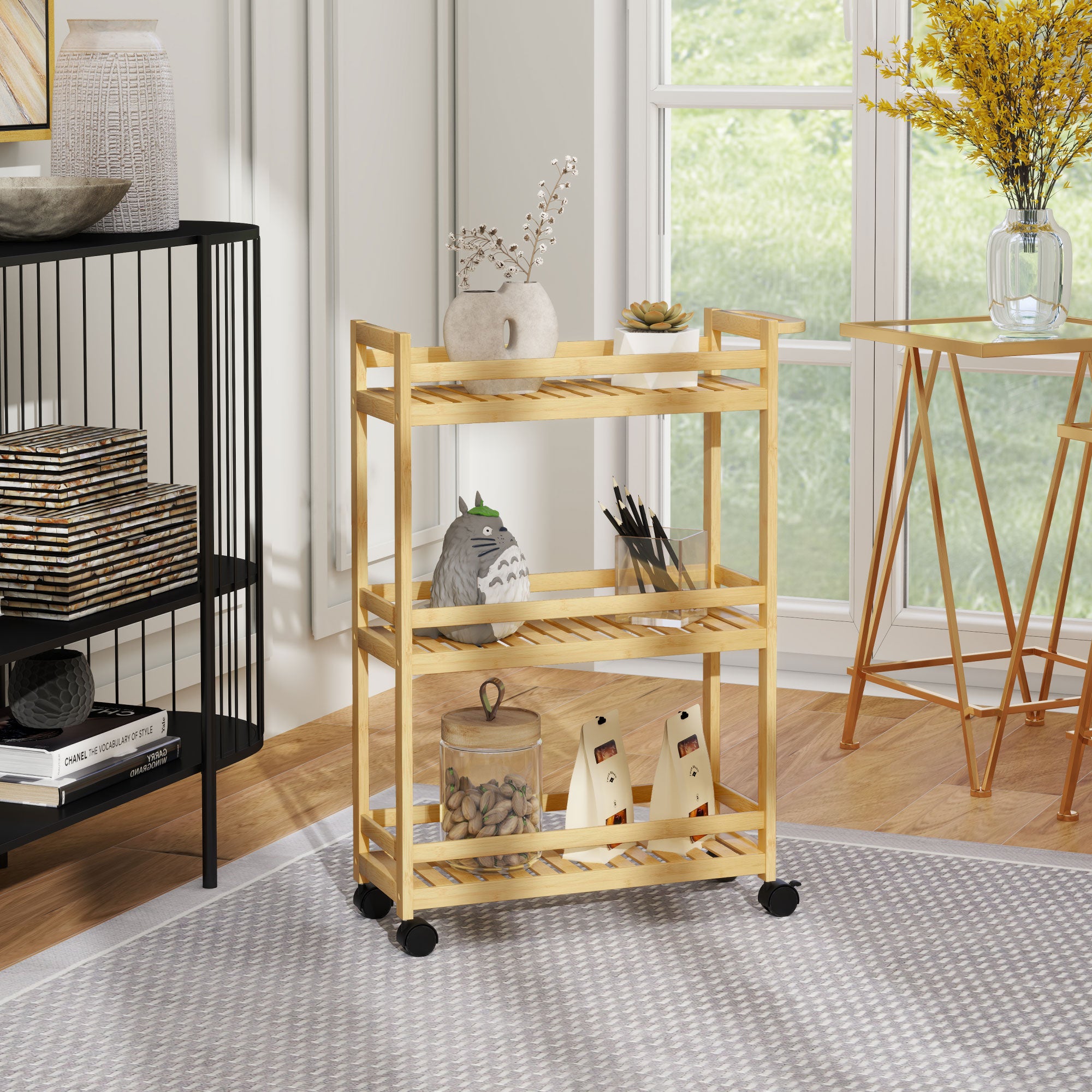 HOMCOM Servierwagen, 3 Etagen, Lamellenböden, Herausfallschutz, Bambus, 55 x 20 x 75 cm