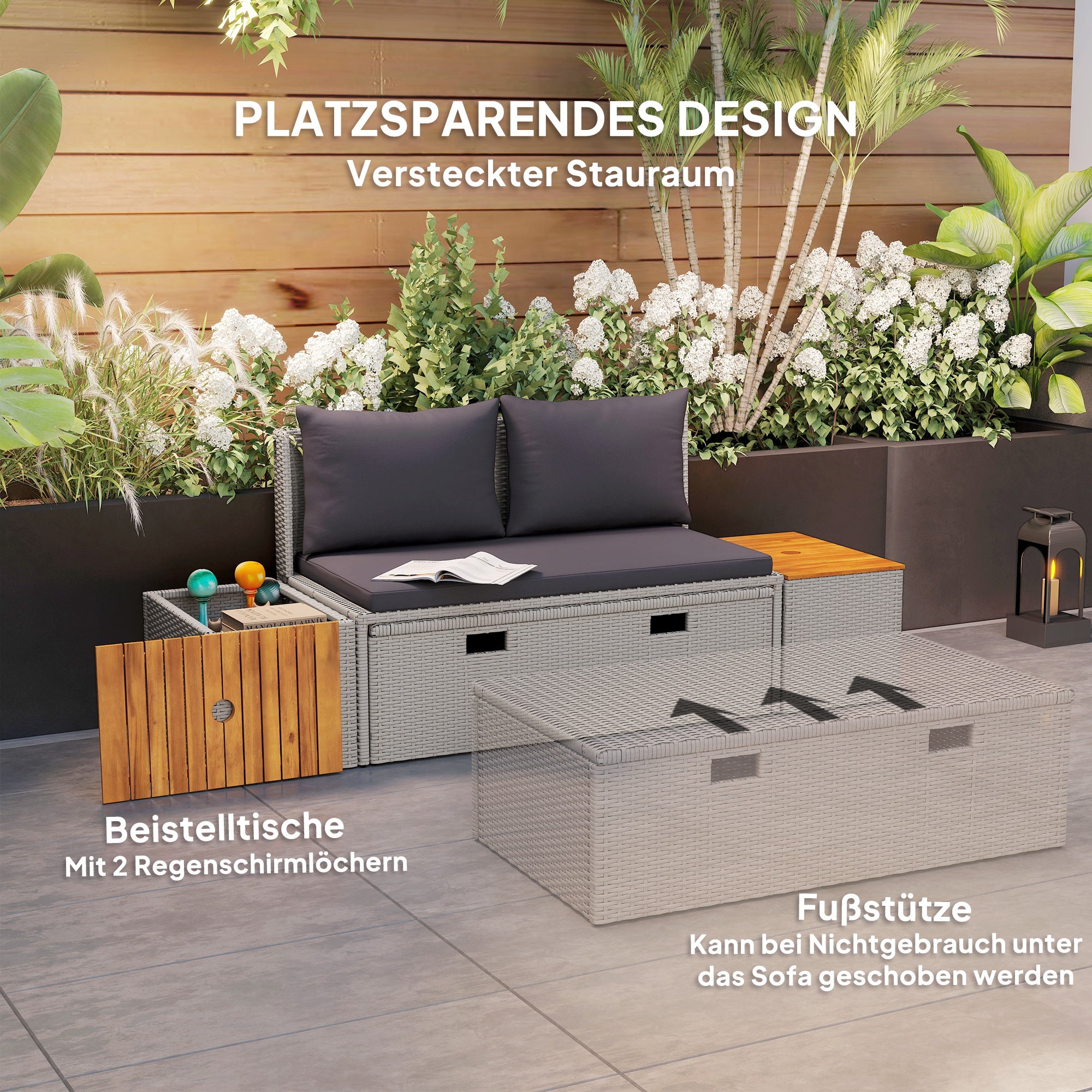 Outsunny Polyrattan Sonnenliege für 2 Personen Doppelliege mit Fußhocker Stauraum Auflagen 125x114x72,5 cm Grau