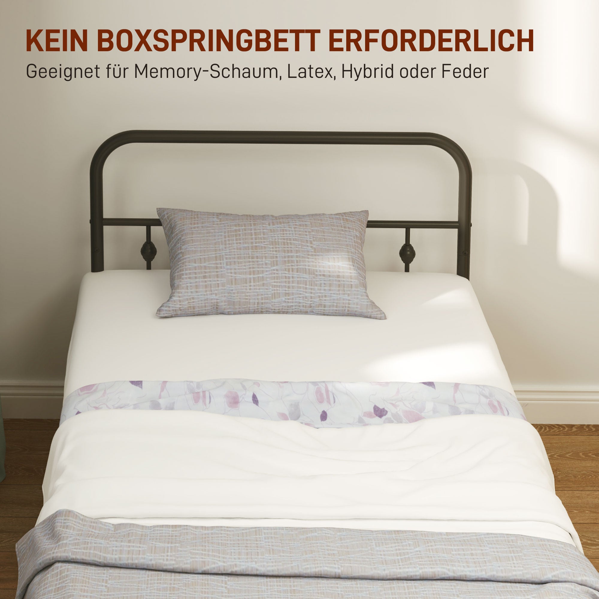 HOMCOM Einzelbettgestell aus Metall, Leichte Montage, mit geräuschreduzierenden Gummikits, Schwarz