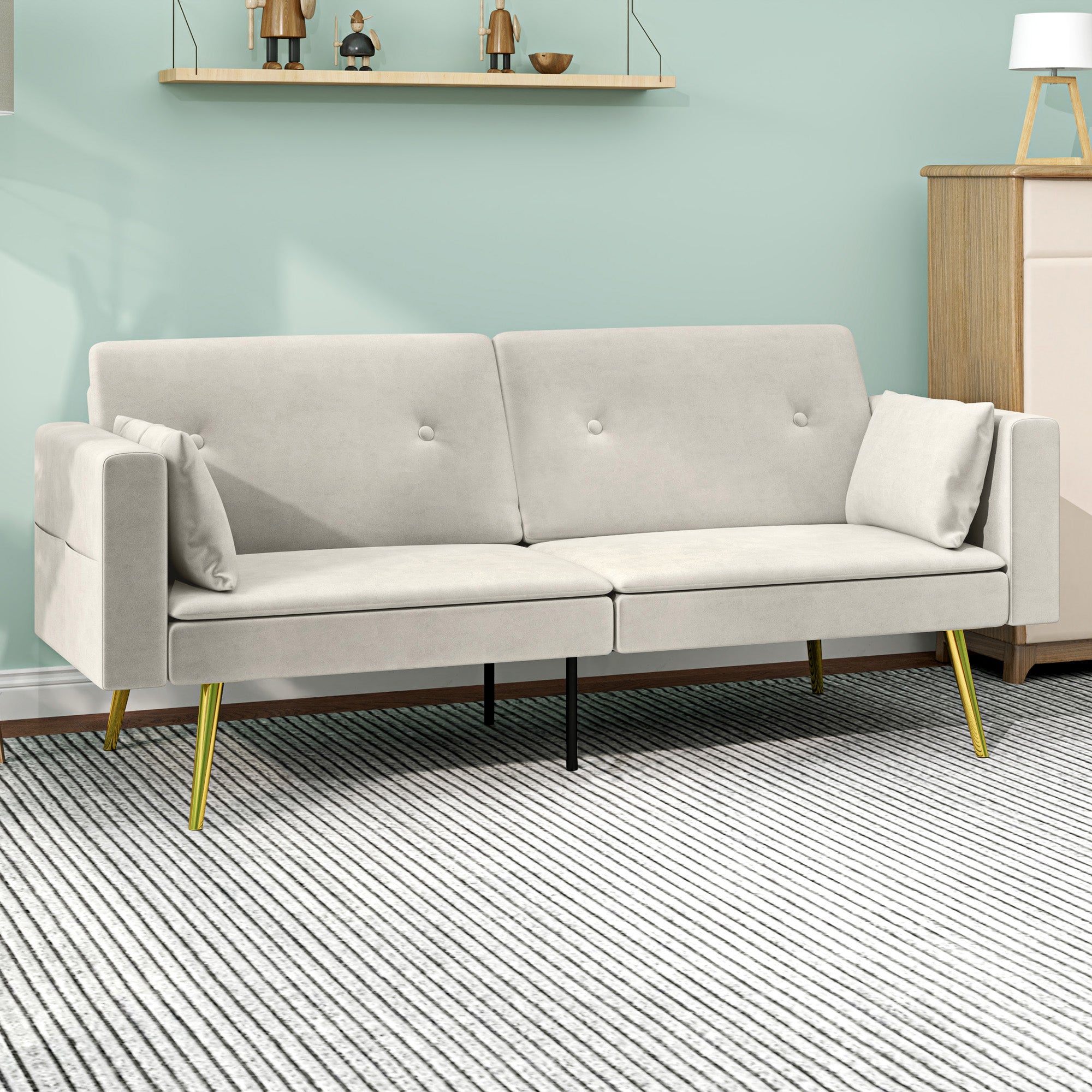 HOMCOM 2-Sitzer Bettsofa, Verstellbare Rückenlehne, weiche Kissen, samtartiger Bezug, für Wohnzimmer, Gästezimmer, Beige