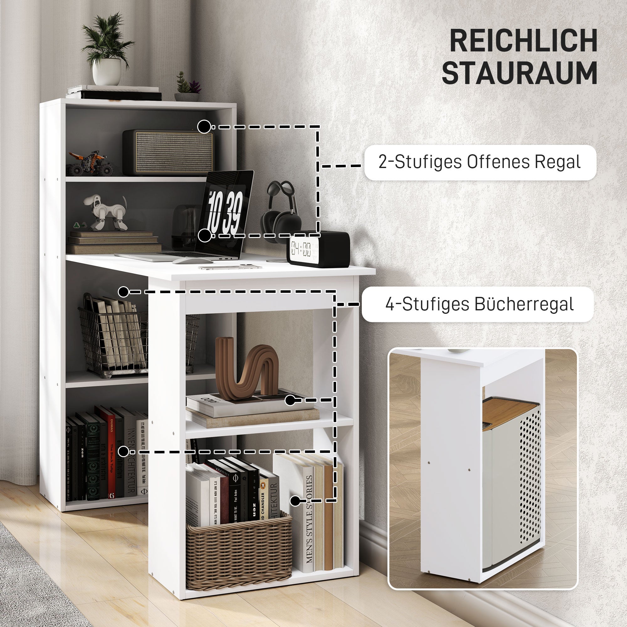 HOMCOM Schreibtisch Bürotisch Computertisch, 2 Regale, 5 Regalböden, 120 cm x 55 cm x 120 cm, Weiß