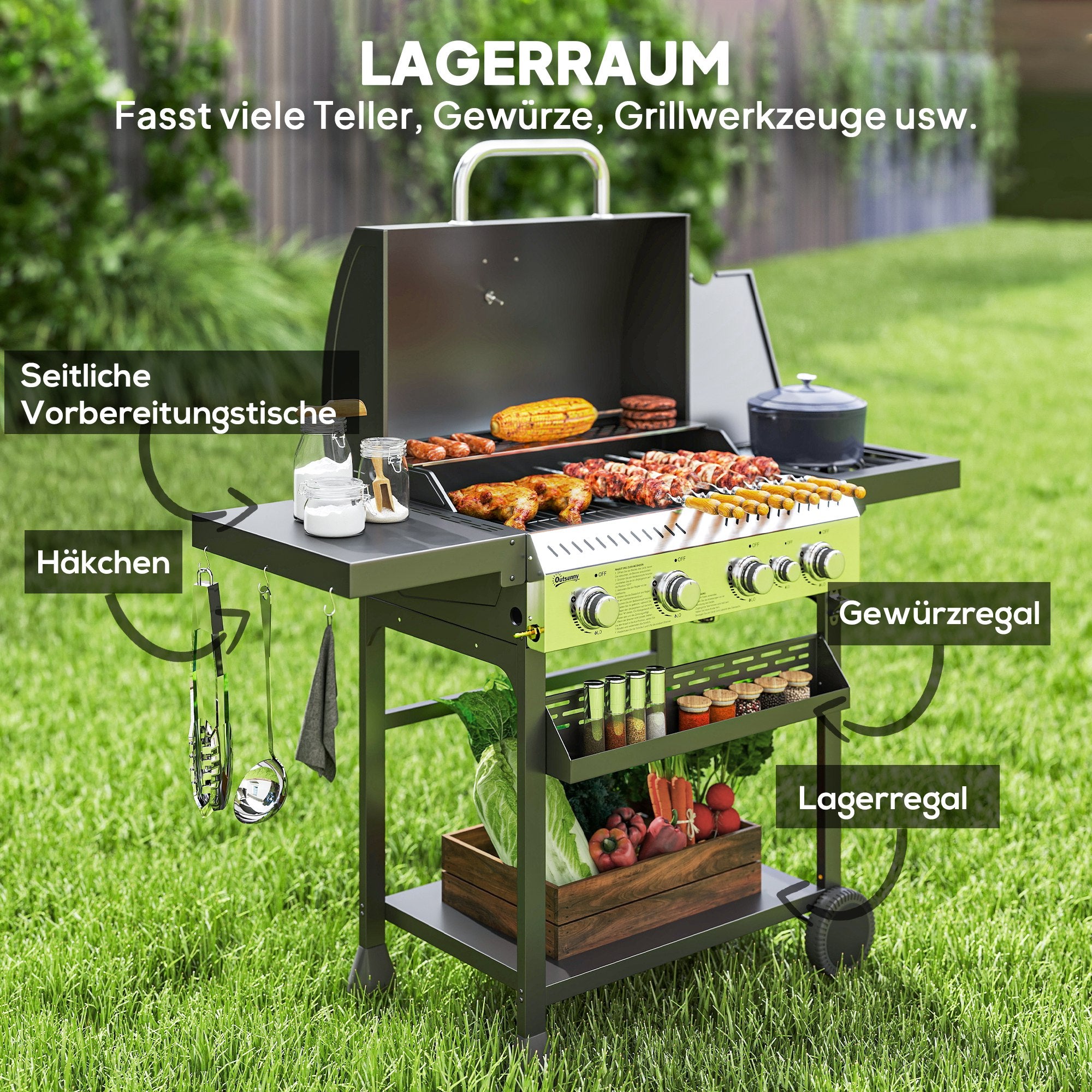 Outsunny Gasgrill, BBQ-Grill, 4 Hauptbrenner, 1 Seitenkocher, 1 Warmhalteplatte; 135 x 55 x 103 cm, Schwarz
