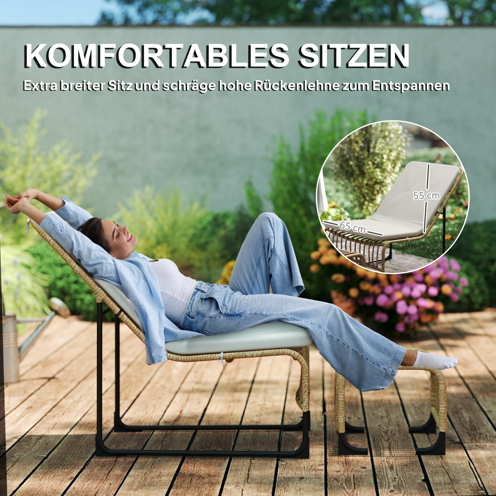 Outsunny Rattan Relaxsessel mit Fußhocker UV-beständig Gartensessel mit Kissen Bänder 65 x 93 x 80 cm Naturholz