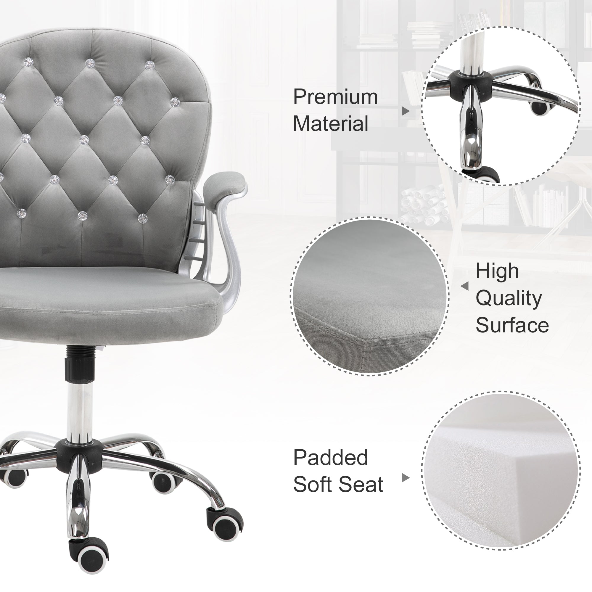 Vinsetto Bürostuhl, Ergonomisch Schreibtischstuhl mit Armlehne, Gepolsterter Rückenlehne, Höhenverstellbar Computerstuhl mit Velvetoptik, Drehstuhl für Home Office, Grau