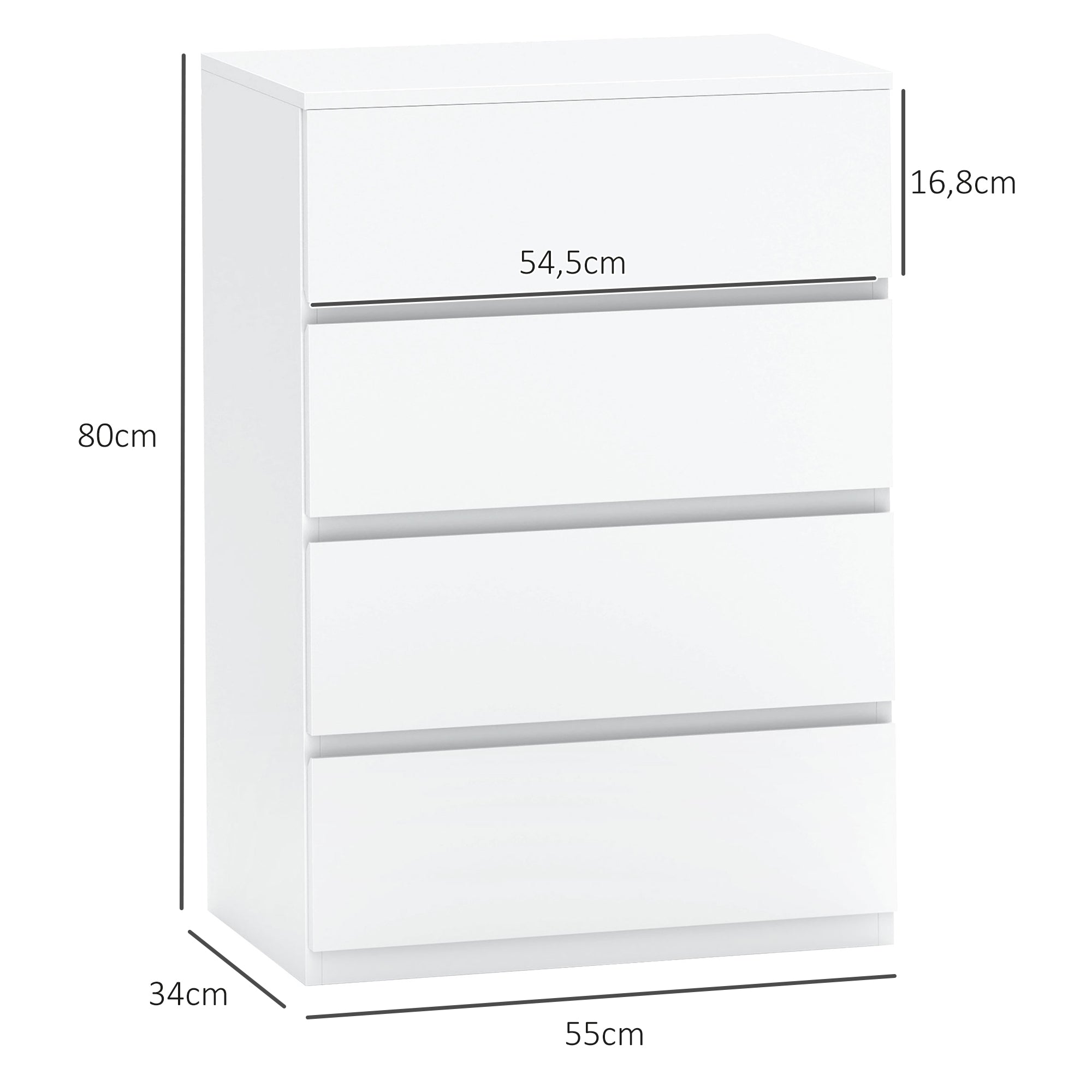 HOMCOM Kommode Sideboard Schubladenkommode, 4 Schubladen, 55 cm x 33 cm x 80 cm, Weiß