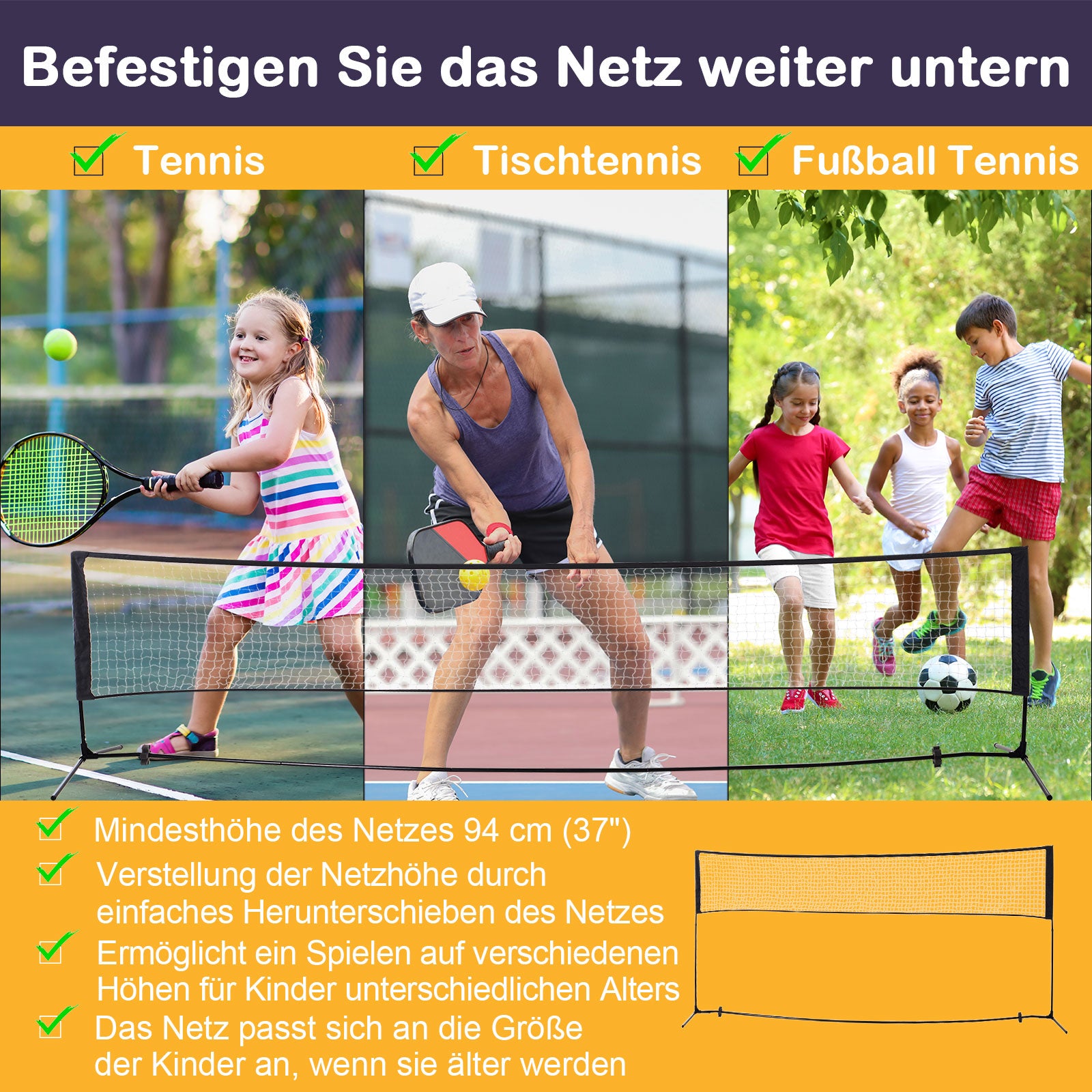 HOMCOM Badmintonnetz 94/158cm faltbares Volleyballnetz mit Transporttasche 2-Fach-Höhenverstellbar Tennisnetz Badminton Netz tragbares Set für Tennis Federballnetz für Garten Park Outdoor