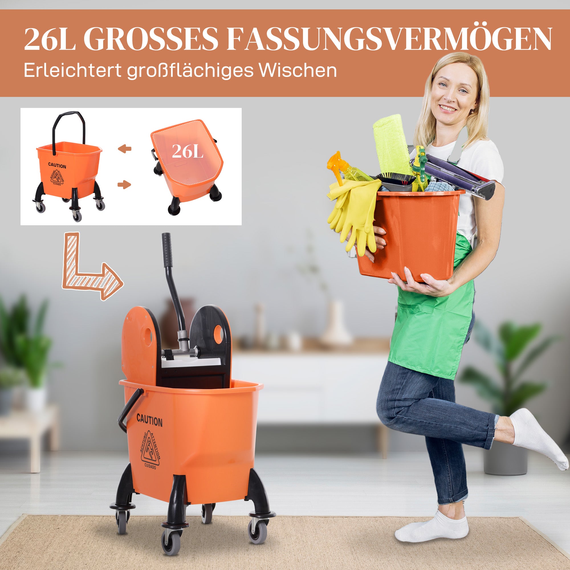 HOMCOM Rollbarer Reinigungseimer, Moppeimer, Mopp-Presse, 26 L, Kunststoff, Orange