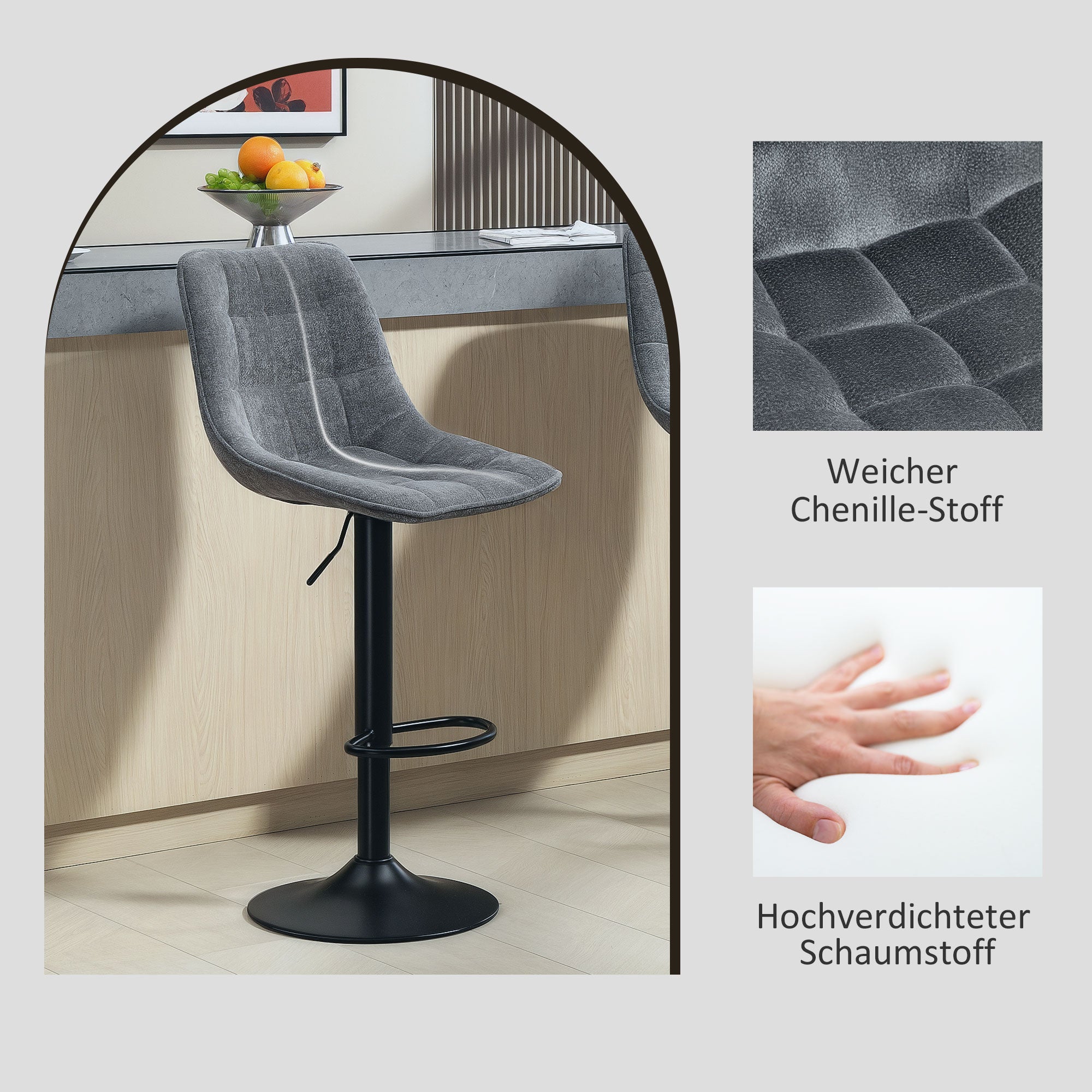 HOMCOM Moderner Barhocker, 2er-Set drehbare Barstühle mit Rückenlehne, höhenverstellbar, mit Fußstütze, gepolstert, Dunkelgrau