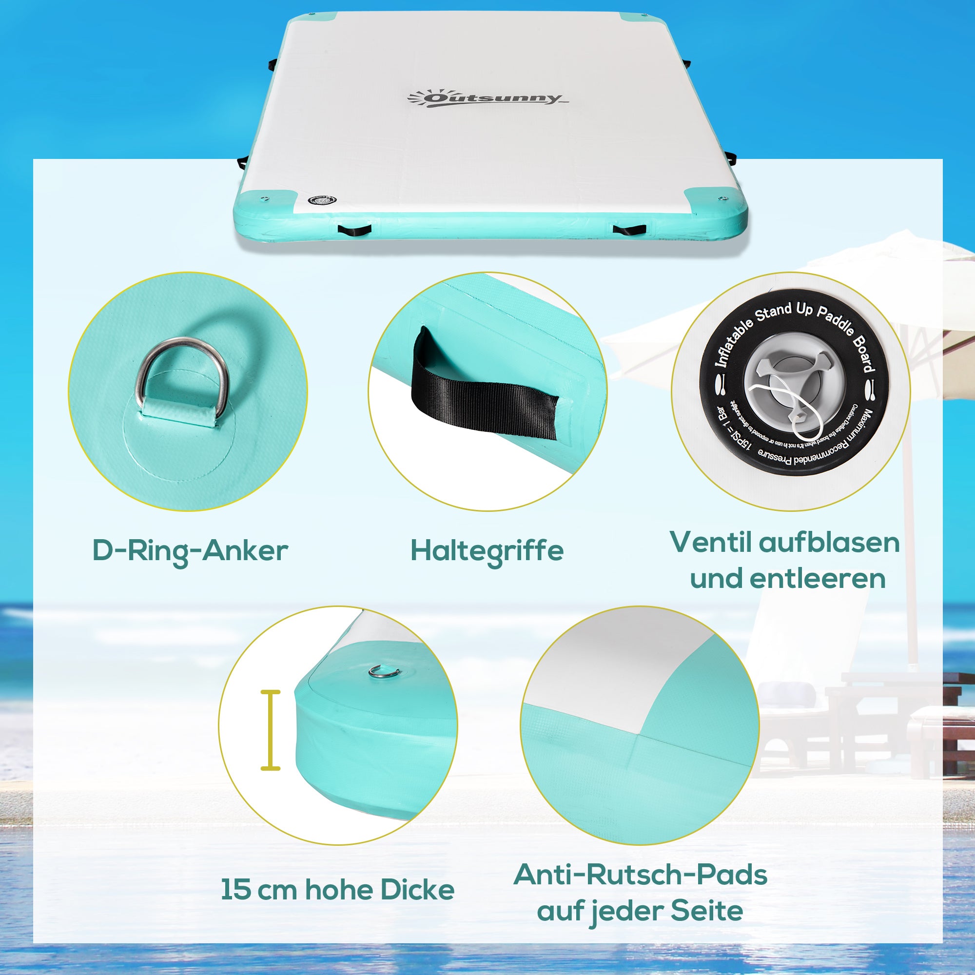 Outsunny Luftmatratze Pool Klappbar Badeinsel Aufblasbare Wasserhängematte Rutschfest Wasser Matratze Pool Spielzeug für Erwachsene Schwimminsel für Pool See 304 x 204 x 15 cm