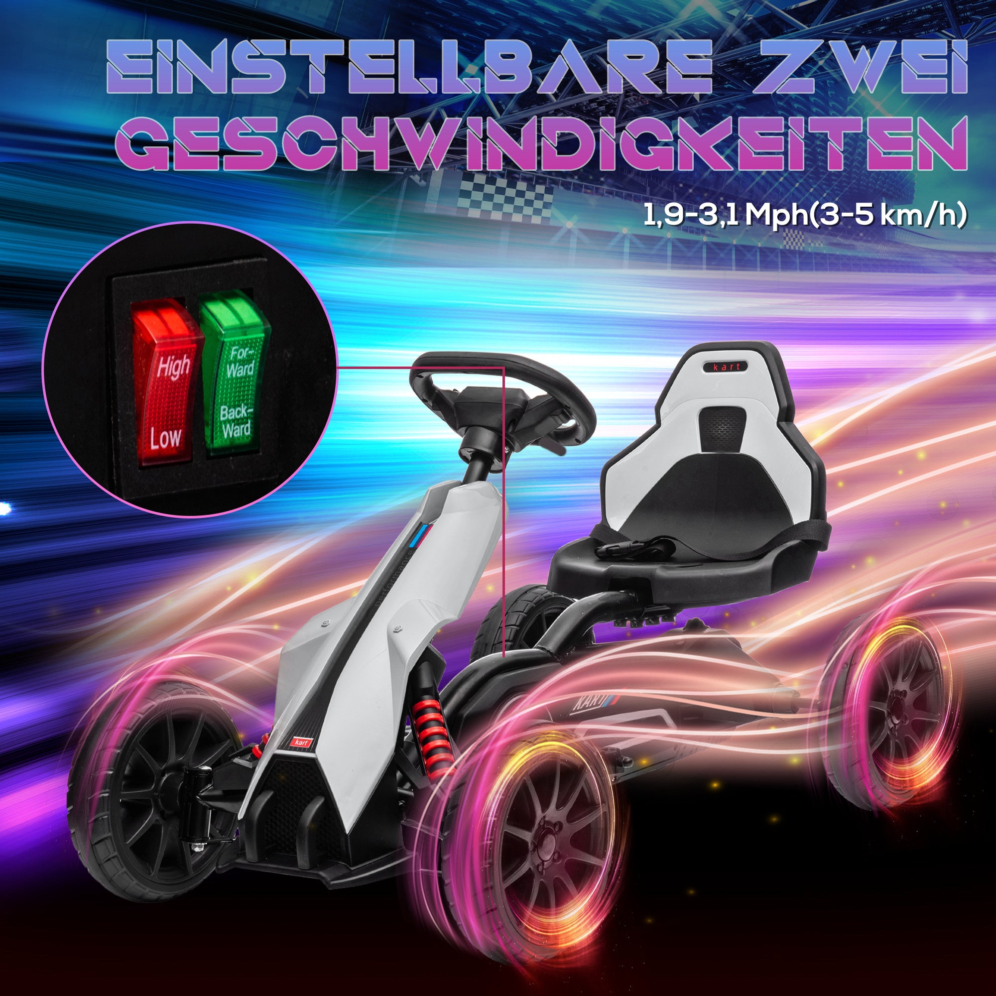 HOMCOM Go-Kart für Kinder, Elektro-Kart, bis 5 km/h, Sicherheitsgurt, Sitz mit Rückenlehne, Kunststoff, Metall, Weiß