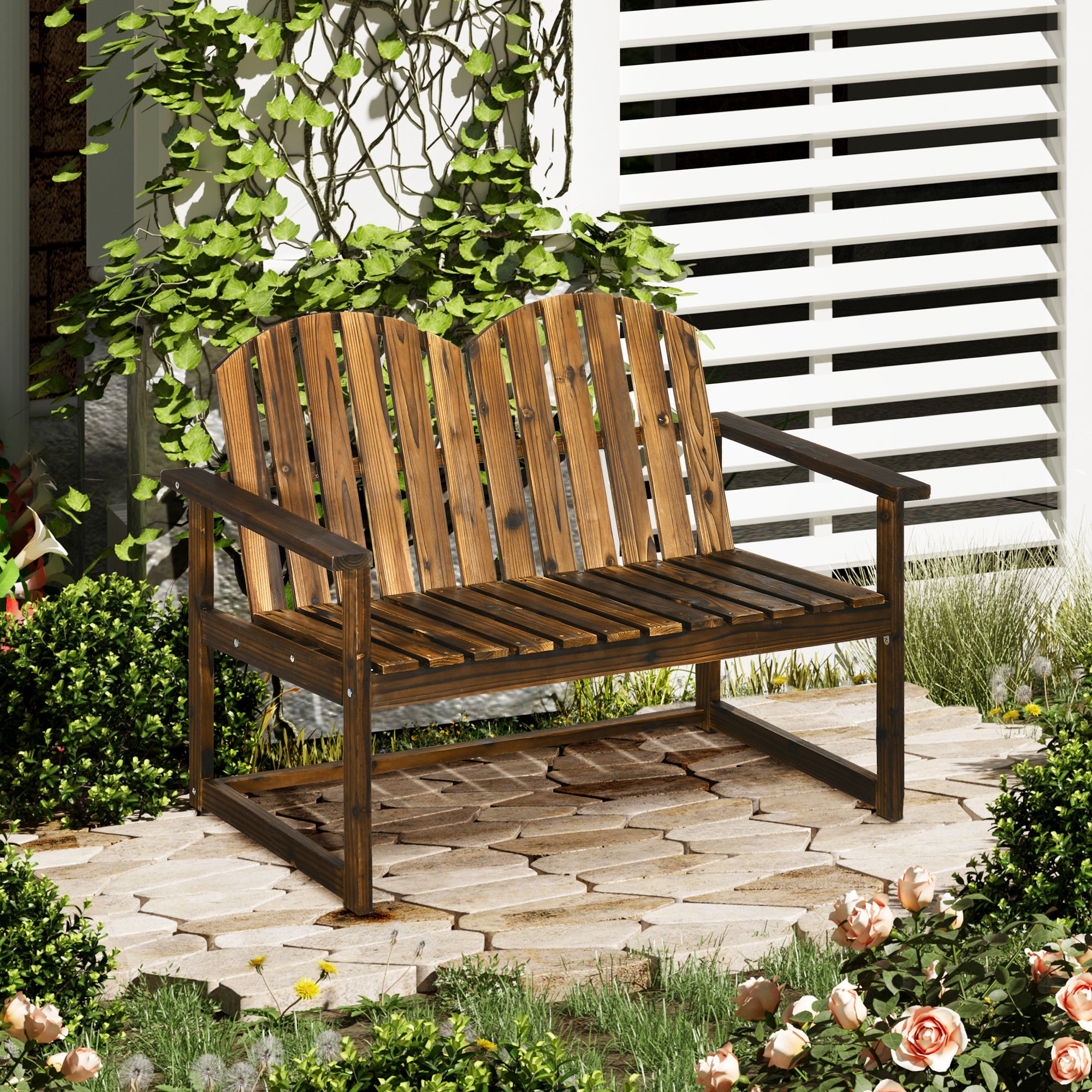 Outsunny 2-Sitzer Gartenbank aus Tannenholz im verkohlten Design