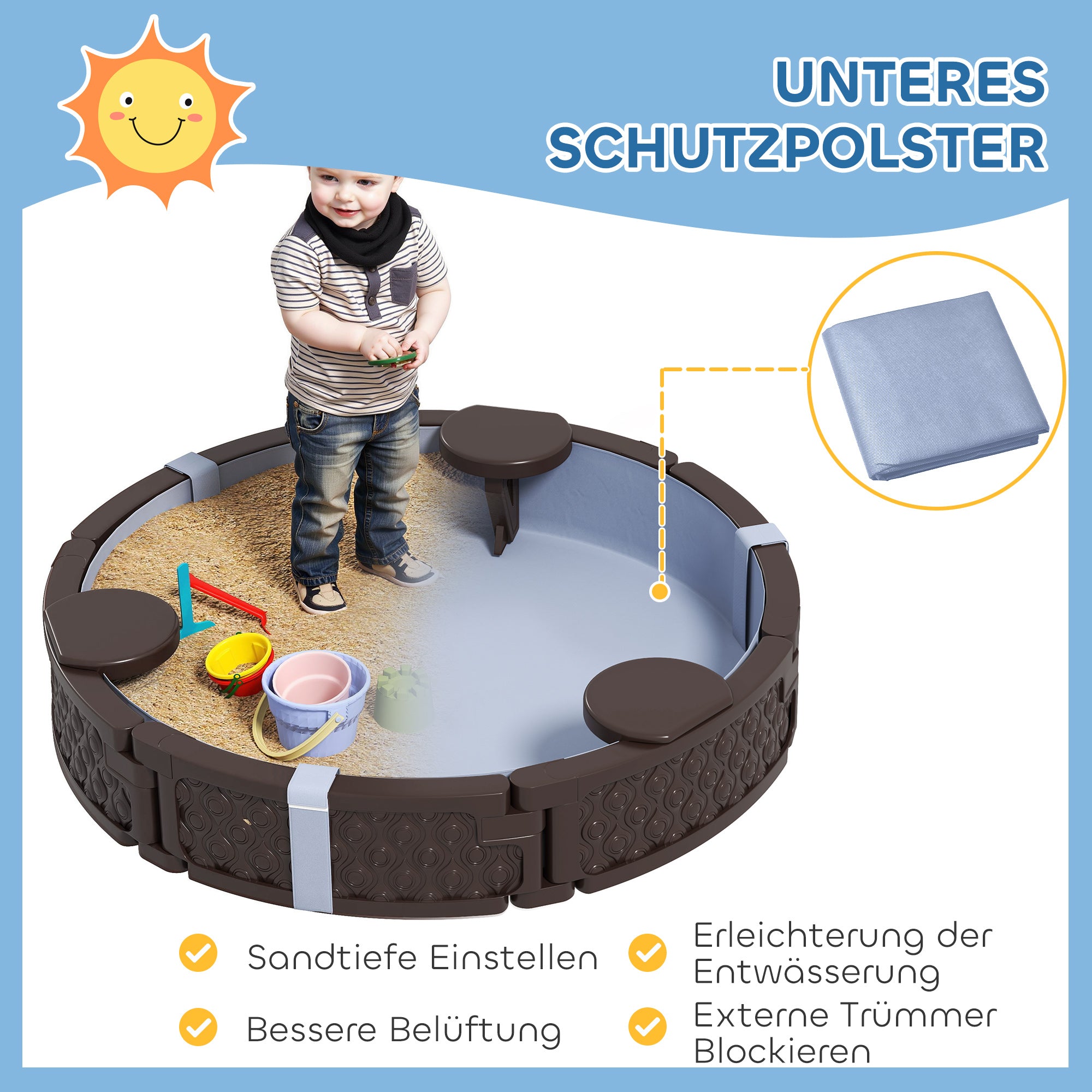 AIYAPLAY Sandkasten, Runde Sandkiste für bis zu 3 Kinder, mit 3 Sitzen, wasserfeste Unterlage, Schutzplane, 300 kg Sand