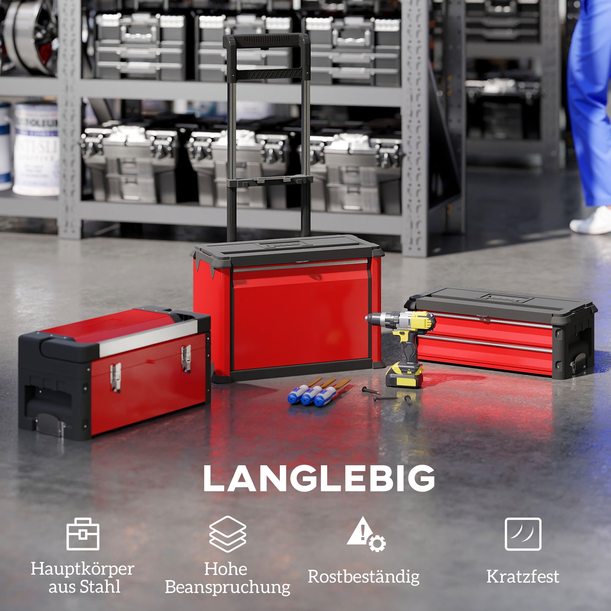 HOMCOM 3-stufiges Werkzeugkasten-Set, mit Rädern, ineinandergreifend, Stahl, Kunststoff