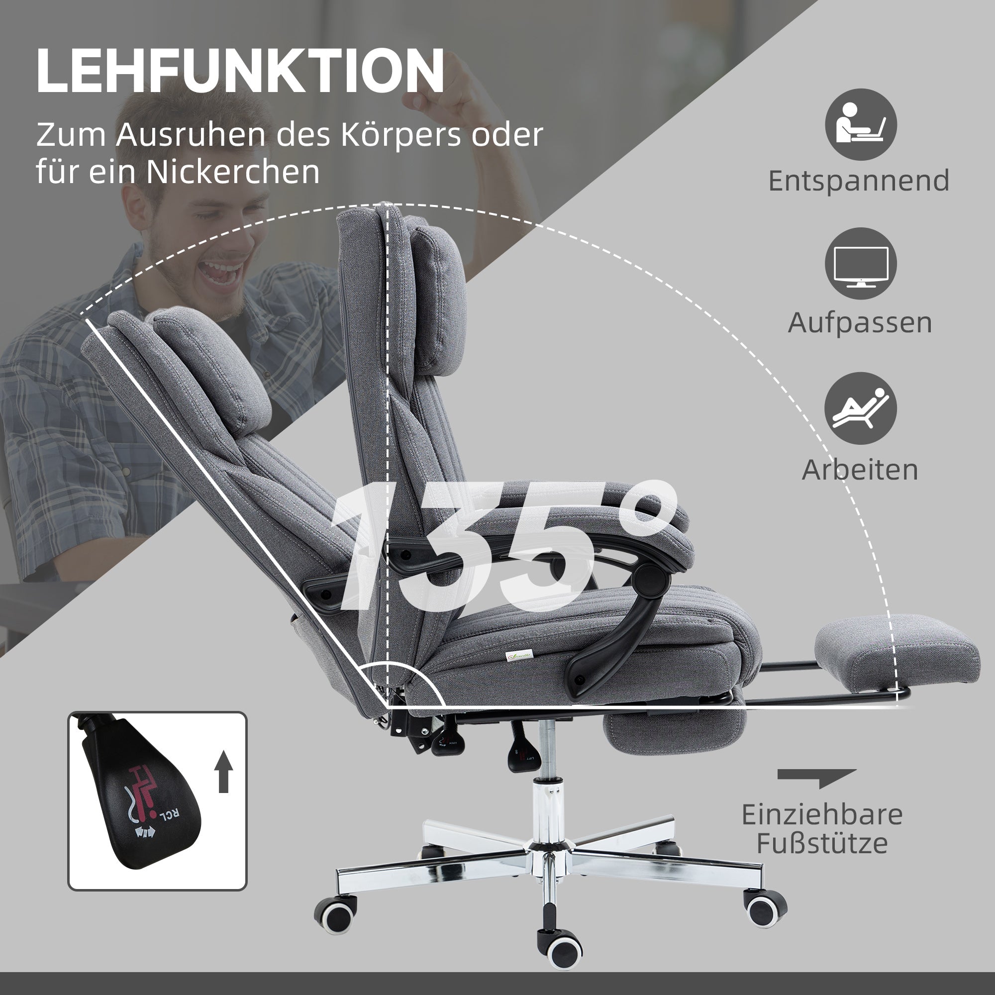 Vinsetto Bürostuhl mit Massagefunktion, neigbare Rücklehne, ausziehbare Fußstütze, Leinenoptik, grau, 65 x 61 x 113 cm