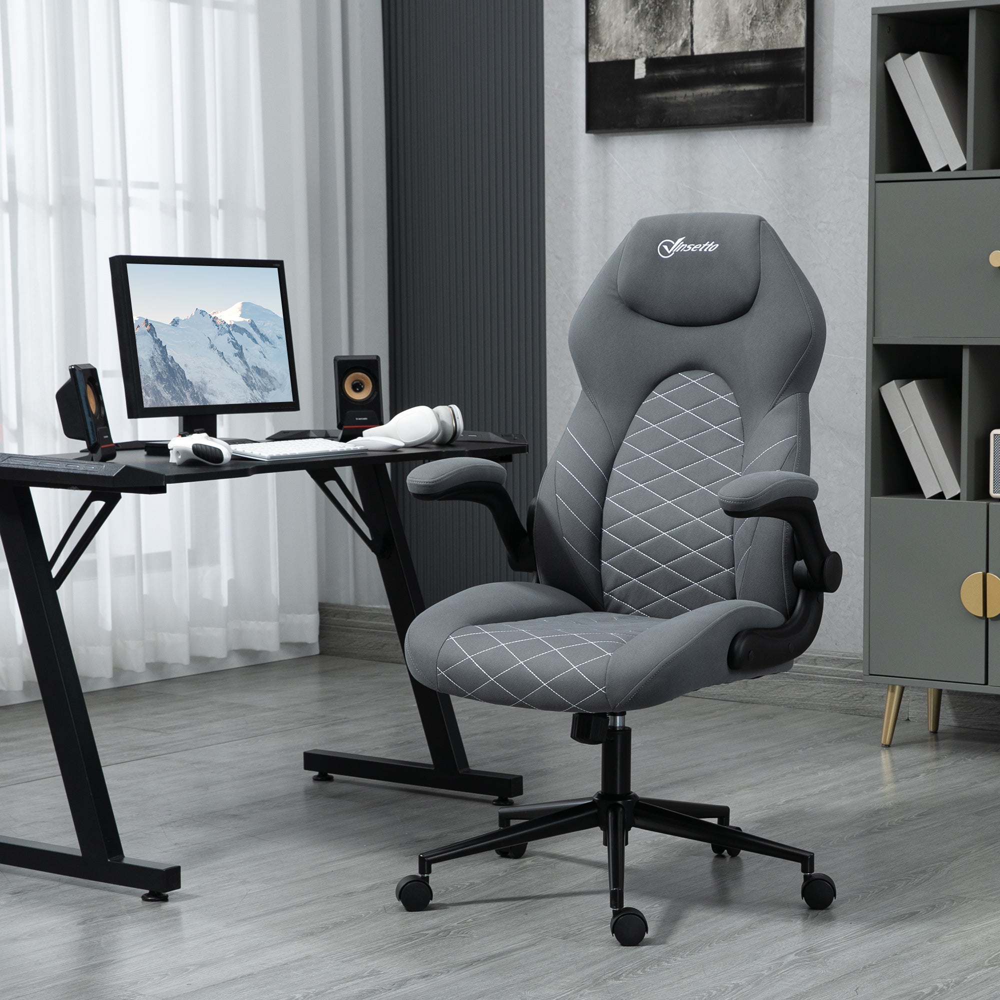 Vinsetto Bürostuhl mit Rückenlehne, höhenverstellbar, klappbare Armlehnen, Wippfunktion, dunkelgrau