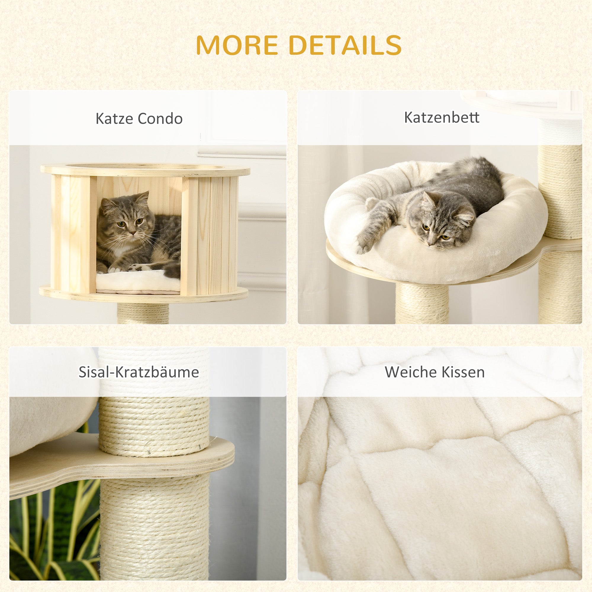 PawHut Kratzbaum Holz 122 cm hoch Katzenturm mit drei Ebenen, Sisalstämme, Plattform, mehrstöckiger Katzenkratzbaum, Kletterbaum für Katzen unter 4,5kg, Natur+Creme