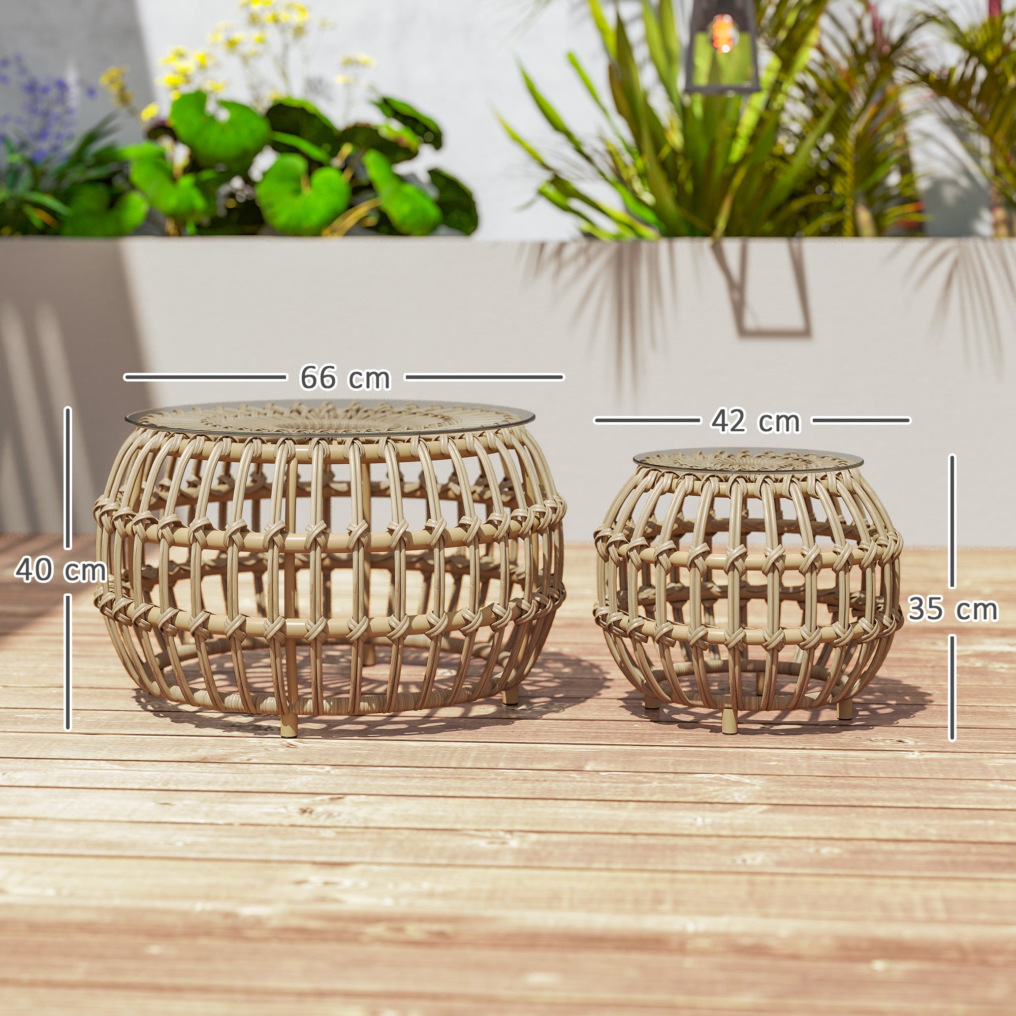 Outsunny 2er Set Beistelltisch Polyrattan Ø66/42 cm rund wetterfest Gartentisch mit Glasplatte Braun