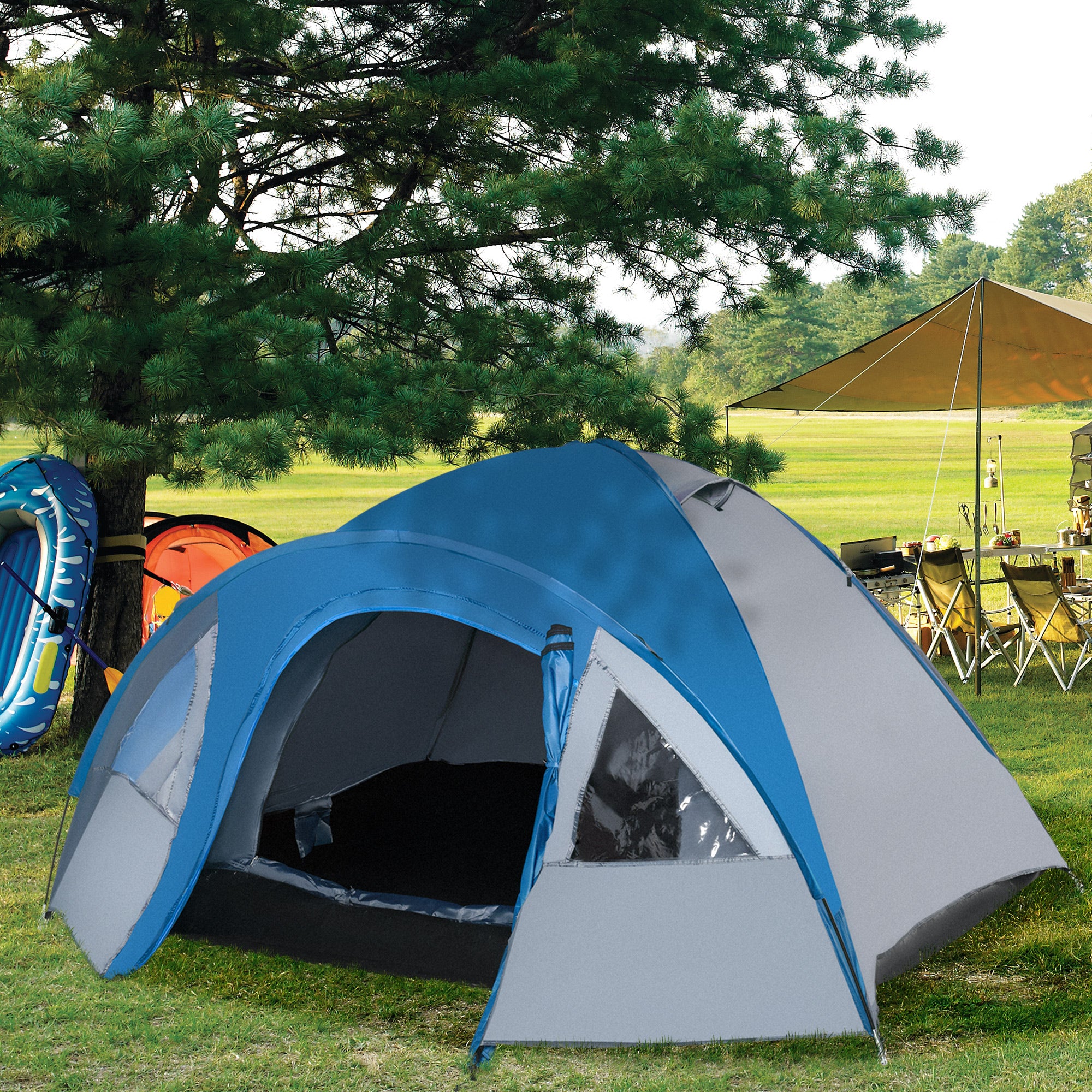 Outsunny Campingzelt für 4 Personen ganzjährig nutzbar 3,00 x 2,50 x 1,30m Blau+Grau