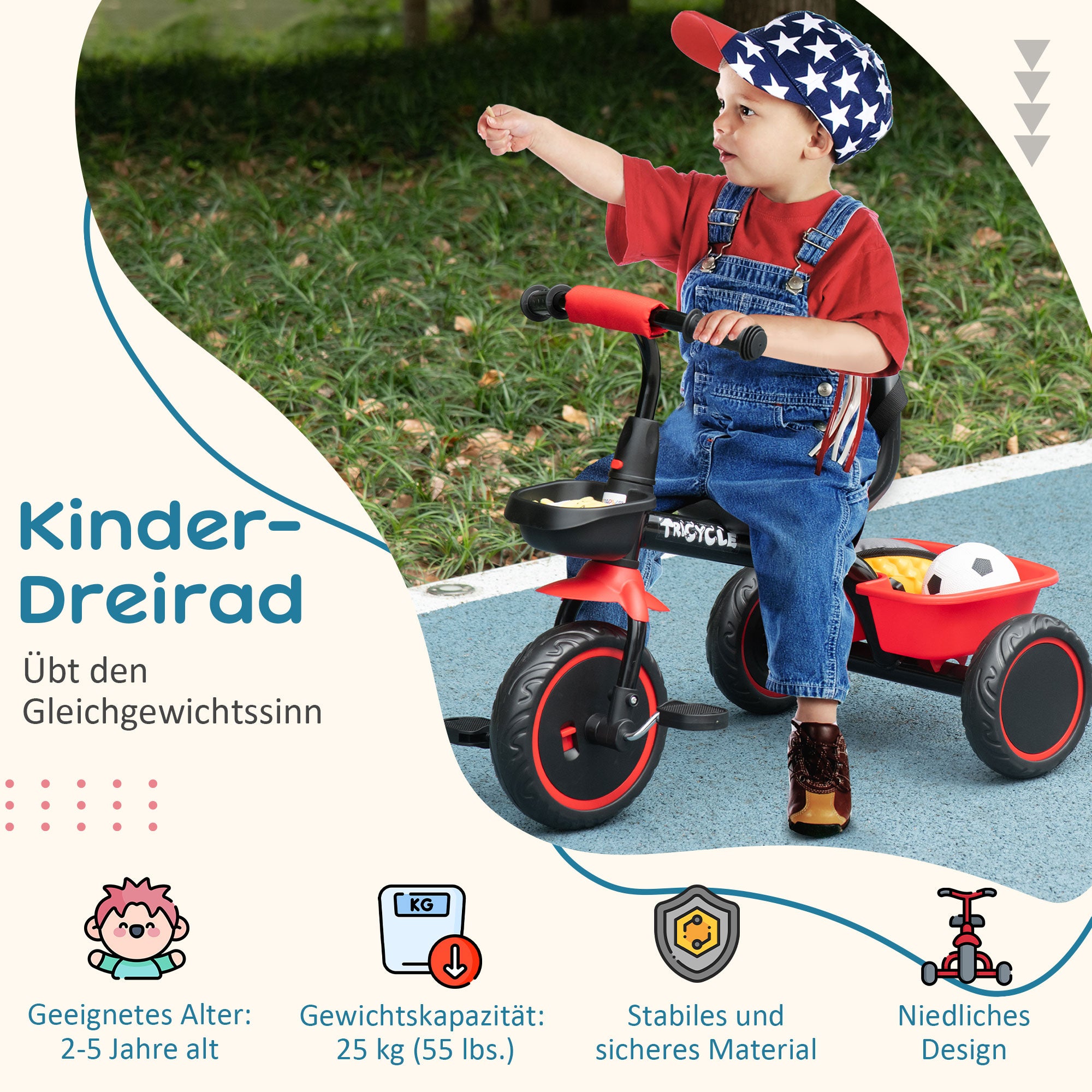 AIYAPLAY Kinderdreirad mit Beckengurt, 2 Körben, höhenverstellbarer Sitz, Metallrahmen, für Kinder 2-5 Jahre, schwarz+rot