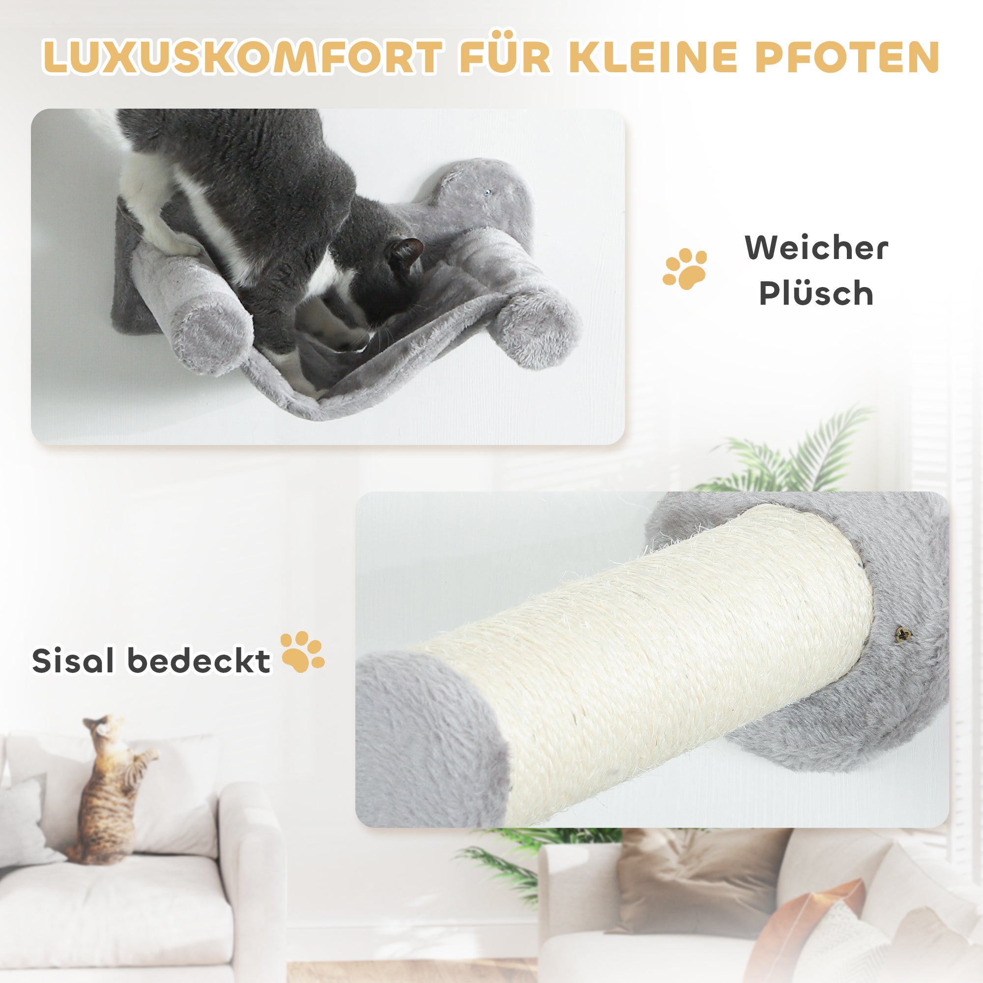 PawHut Kletterwand Katzen 6-teilig Katzen Kletterwand Set mit Katzenhaus, Hängematte, Plattform Kratzbrett Grau