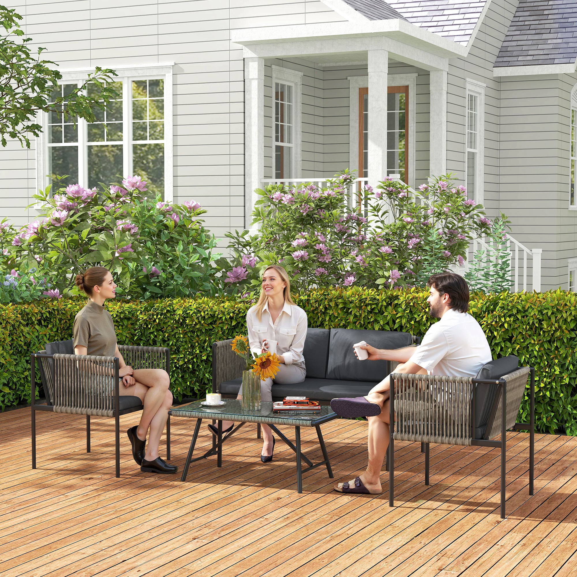 Outsunny 4-teiliges Gartenmöbel-Set, 1 Sofa, 2 Sessel, 1 Tisch mit Glasplatte, Kissen, Stahlrahmen, Kunststoff-Rattan, Grau